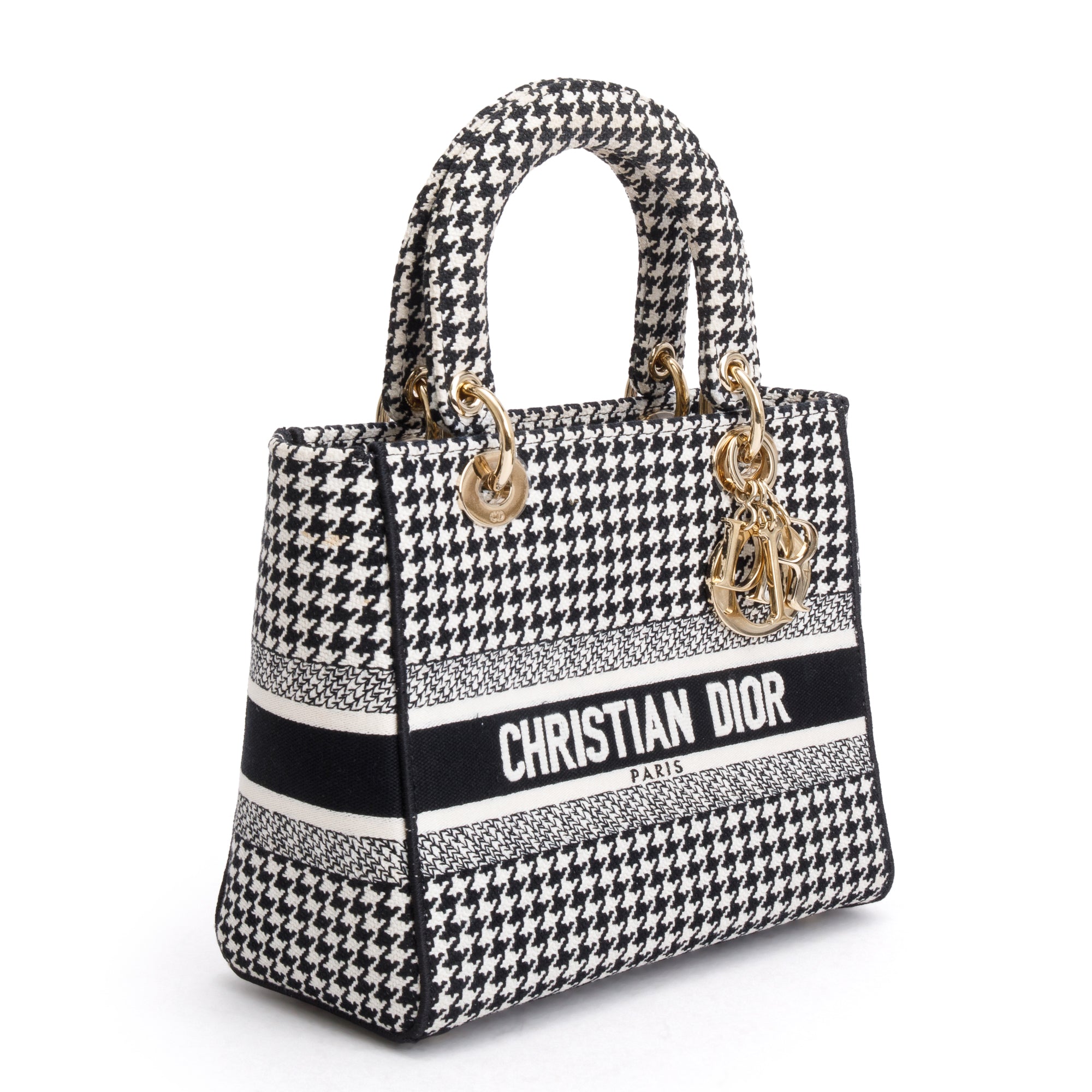 Christian Dior 2022 Black/White Houndstooth Embroidered Medium Lady D-Lite Bag w/ Strap