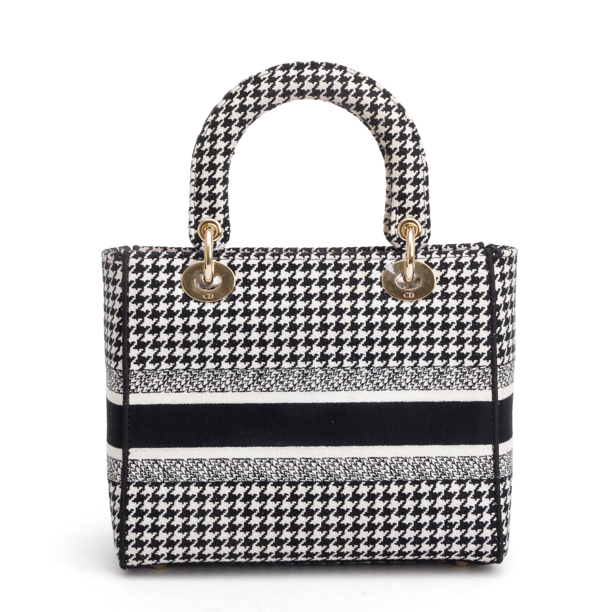 Christian Dior 2022 Black/White Houndstooth Embroidered Medium Lady D-Lite Bag w/ Strap