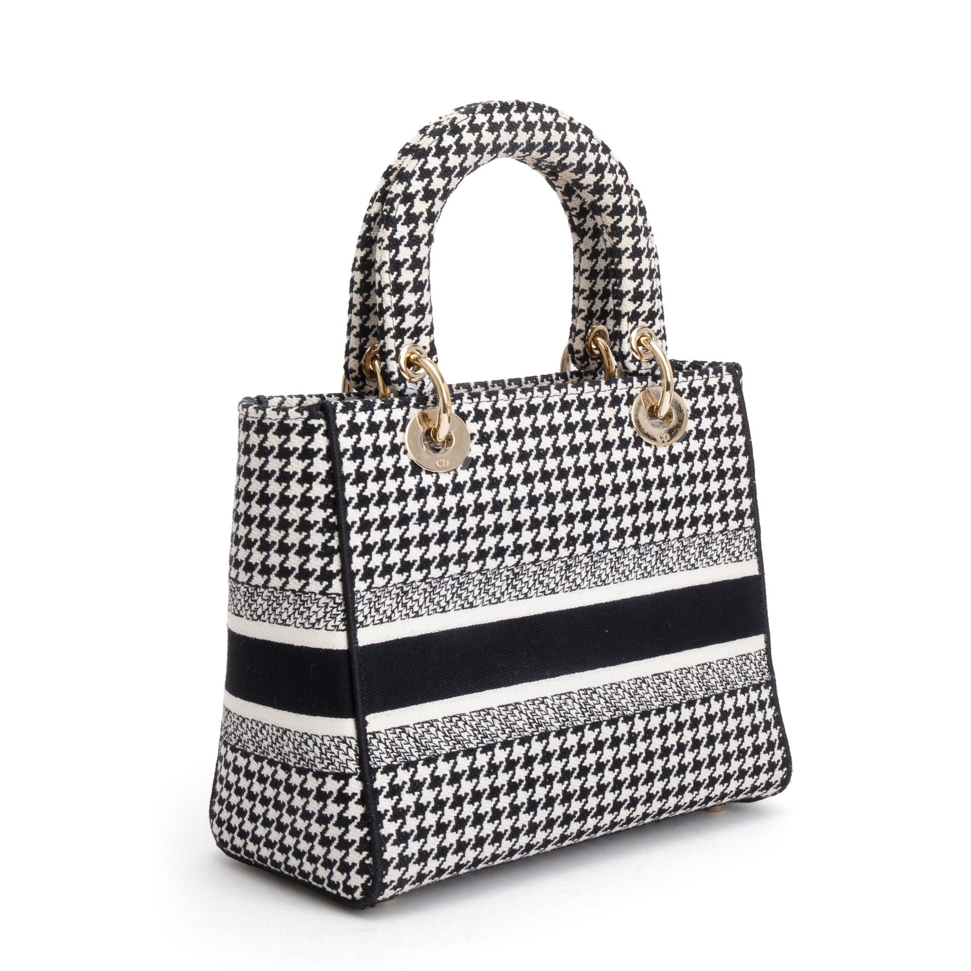 Christian Dior 2022 Black/White Houndstooth Embroidered Medium Lady D-Lite Bag w/ Strap