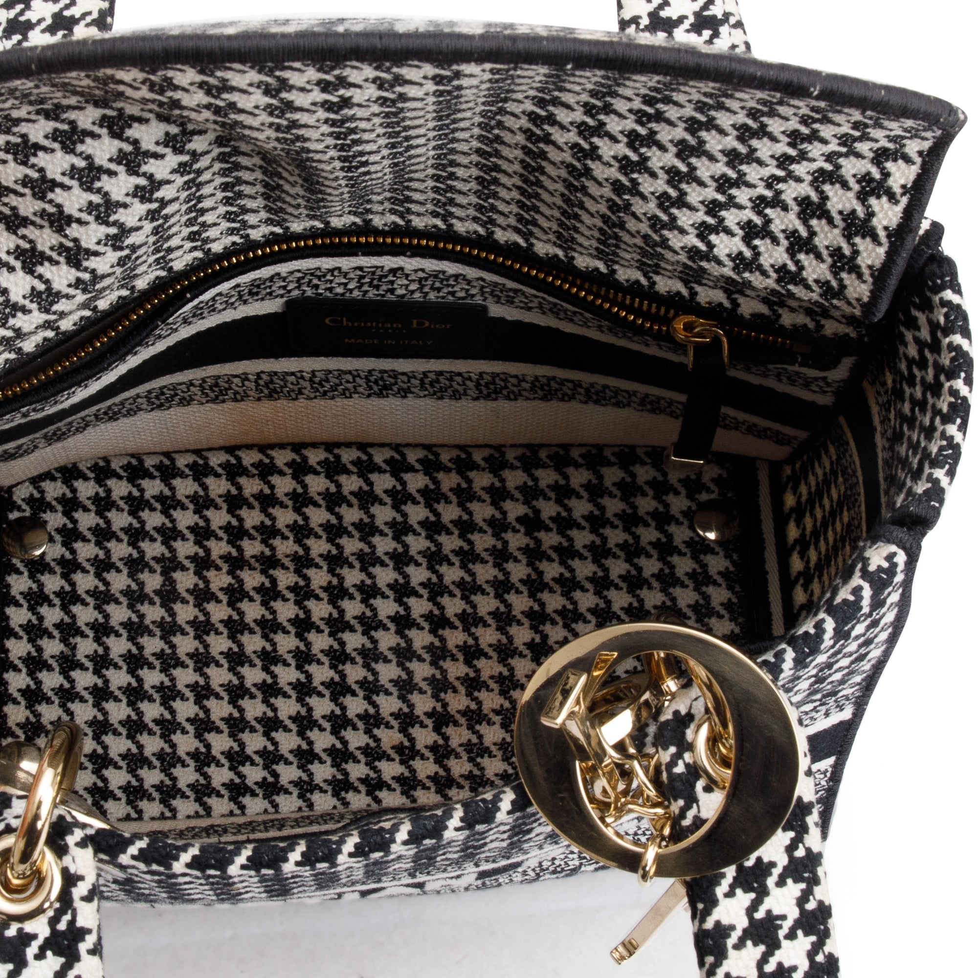 Christian Dior 2022 Black/White Houndstooth Embroidered Medium Lady D-Lite Bag w/ Strap