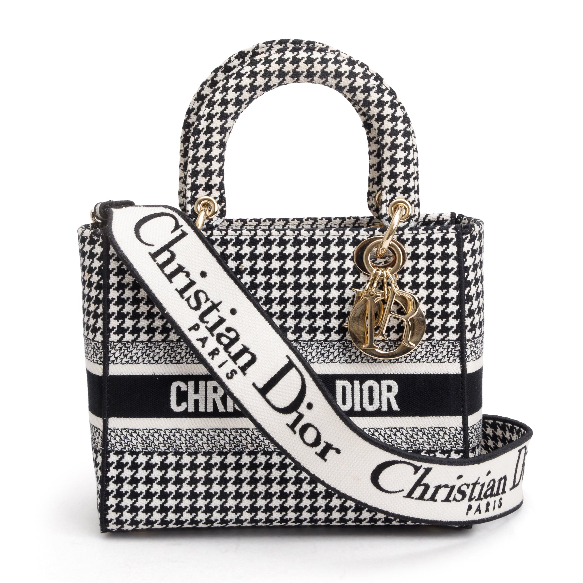 Christian Dior 2022 Black/White Houndstooth Embroidered Medium Lady D-Lite Bag w/ Strap