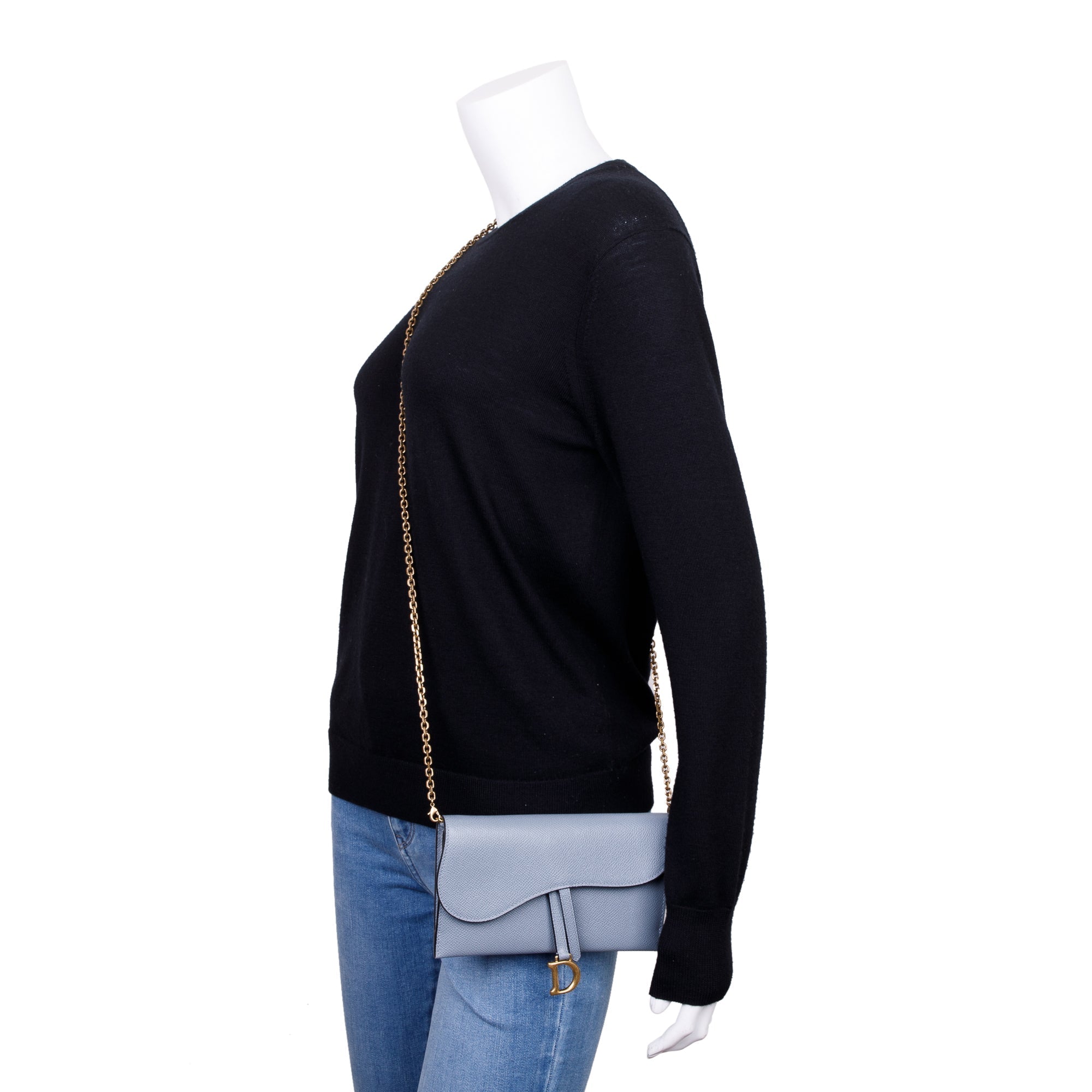 Christian Dior 2022 Blue Grained Calfskin Leather Saddle Chain Pouch w/ Box, Strap & Pouch