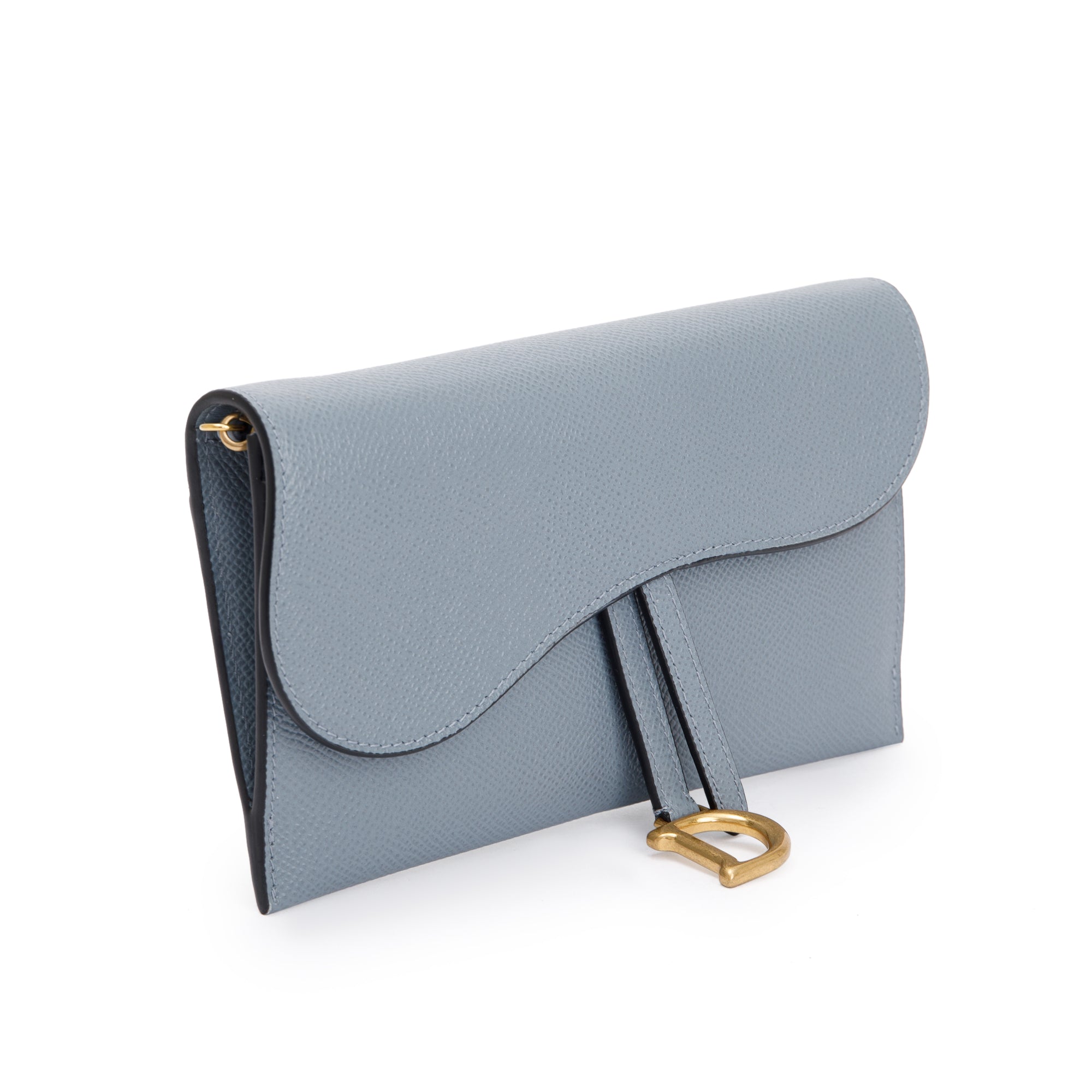 Christian Dior 2022 Blue Grained Calfskin Leather Saddle Chain Pouch w/ Box, Strap & Pouch