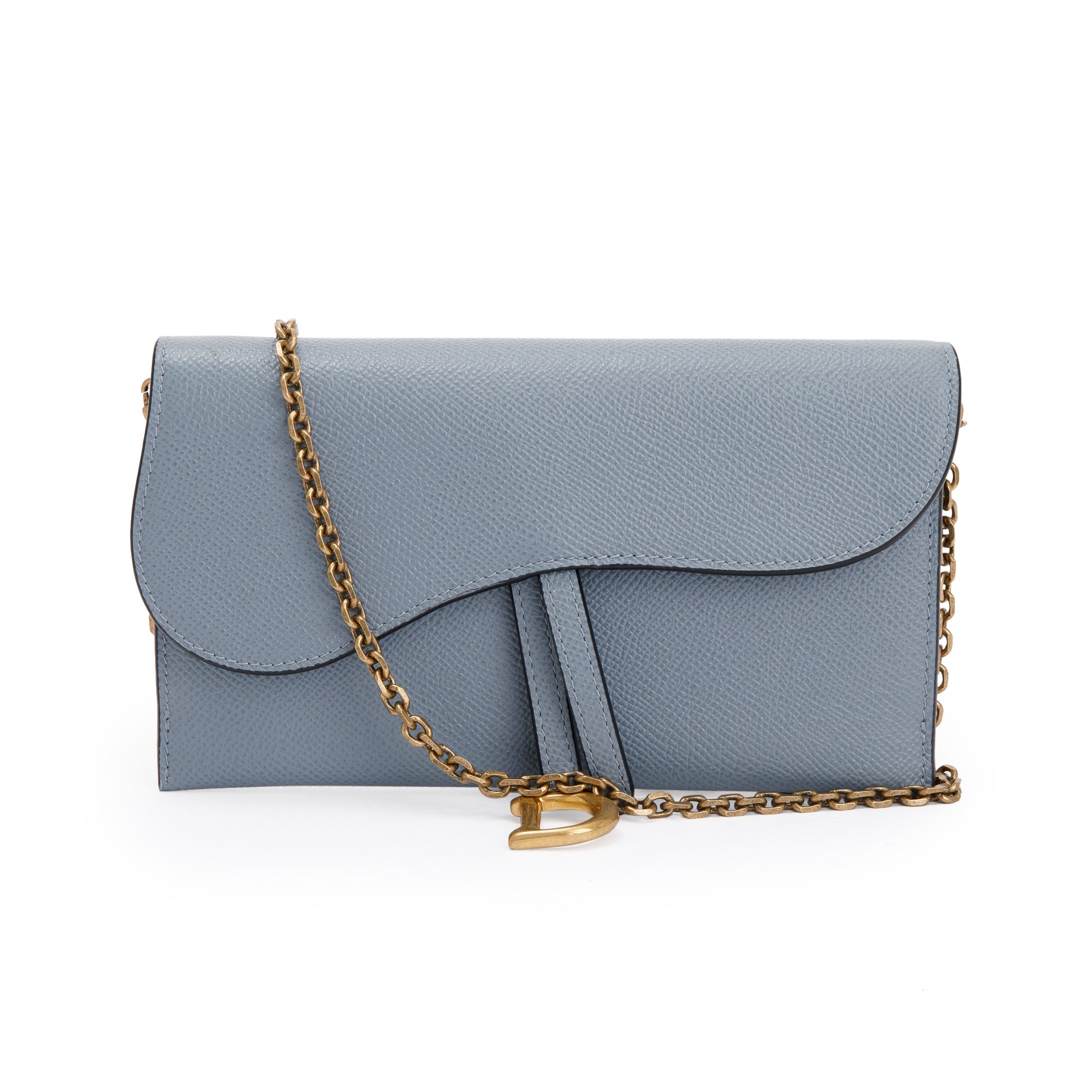 Christian Dior 2022 Blue Grained Calfskin Leather Saddle Chain Pouch w/ Box, Strap & Pouch