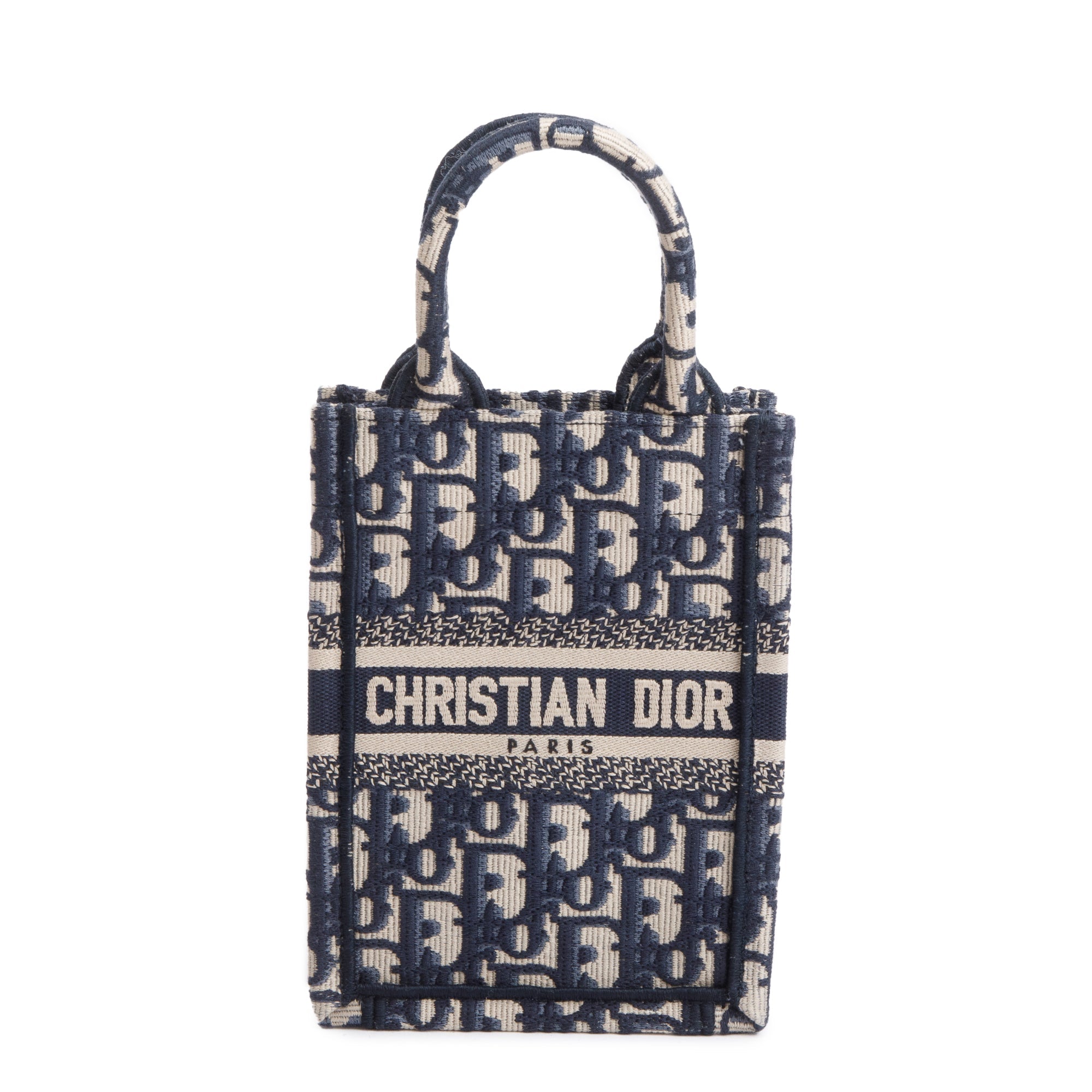 Christian Dior 2022 Blue Oblique Embroidery Mini Vertical Book Tote w/ Strap