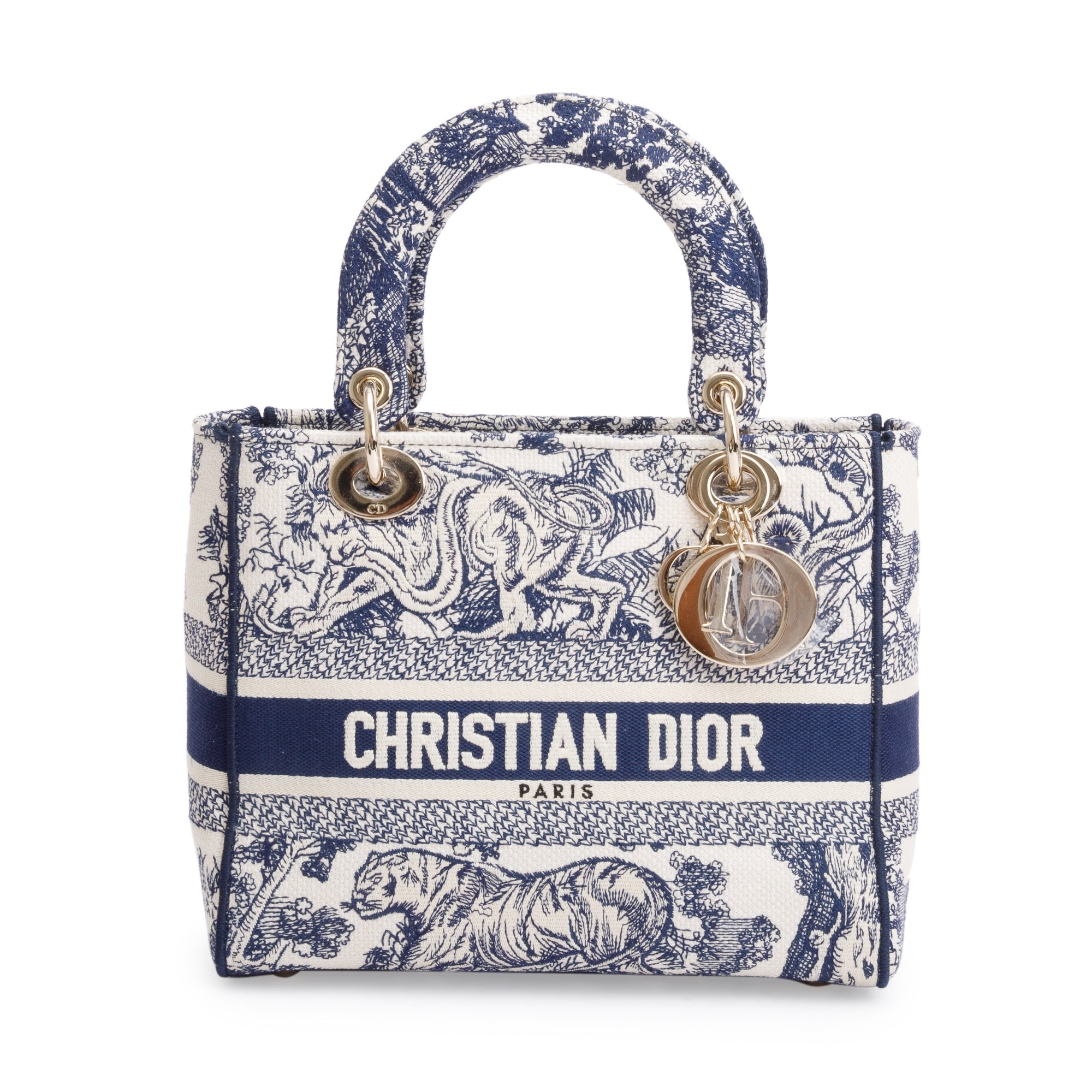 Christian Dior 2022 Blue Toile De Jouy Reverse Embroidery Medium Lady D-Lite Bag w/ Strap