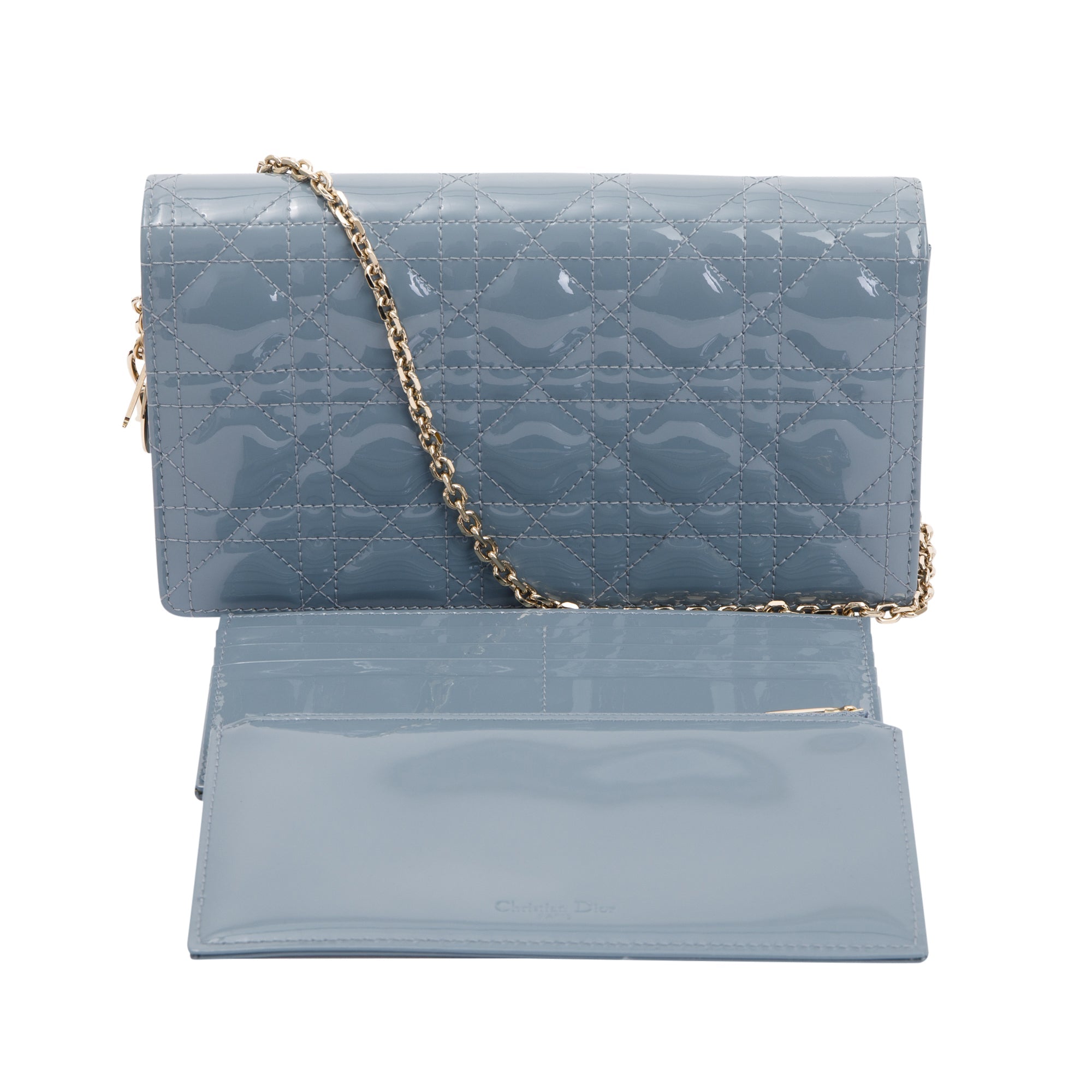 Christian Dior 2022 Cloud Blue Patent Leather Lady Dior Chain Pouch w/ Inserts & Box