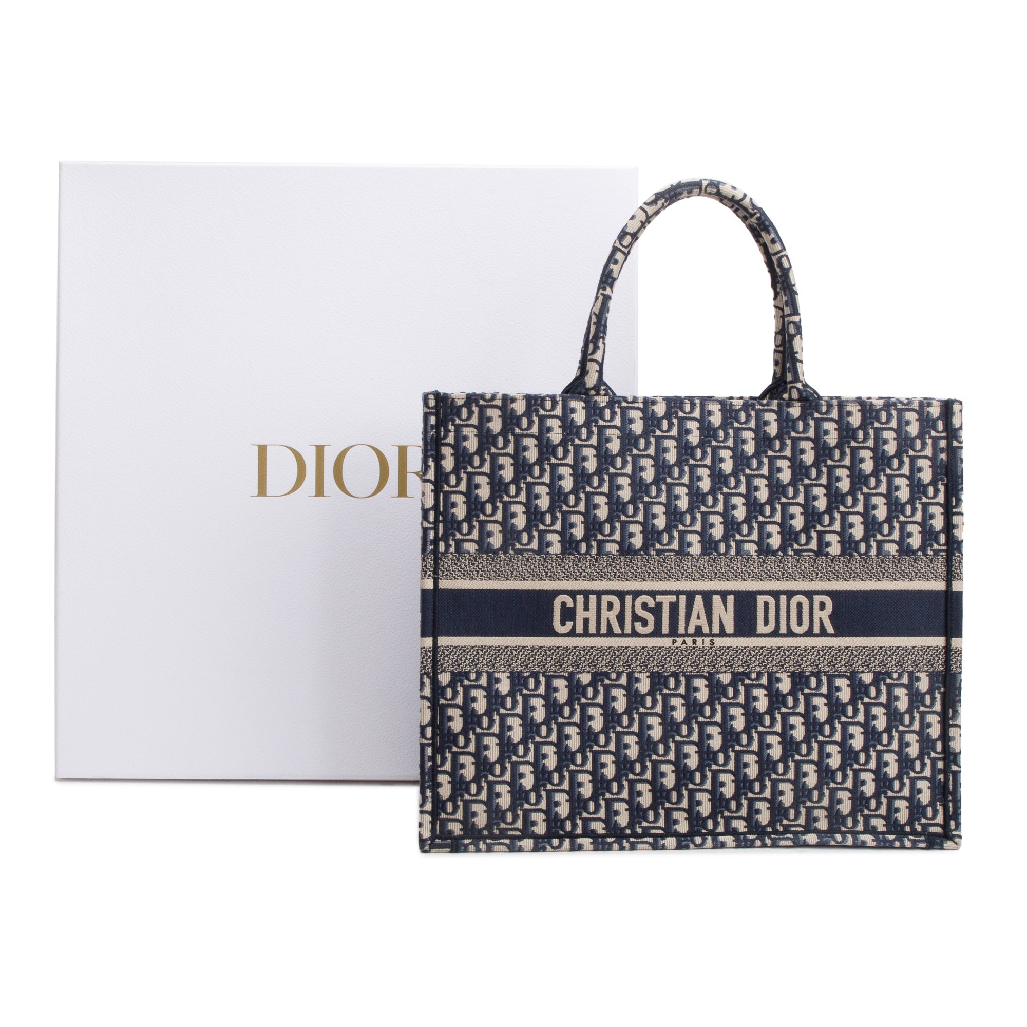 Christian Dior 2022 Ecru and Blue Dior Oblique Embroidery Large Book Tote w/ Box & Receipt
