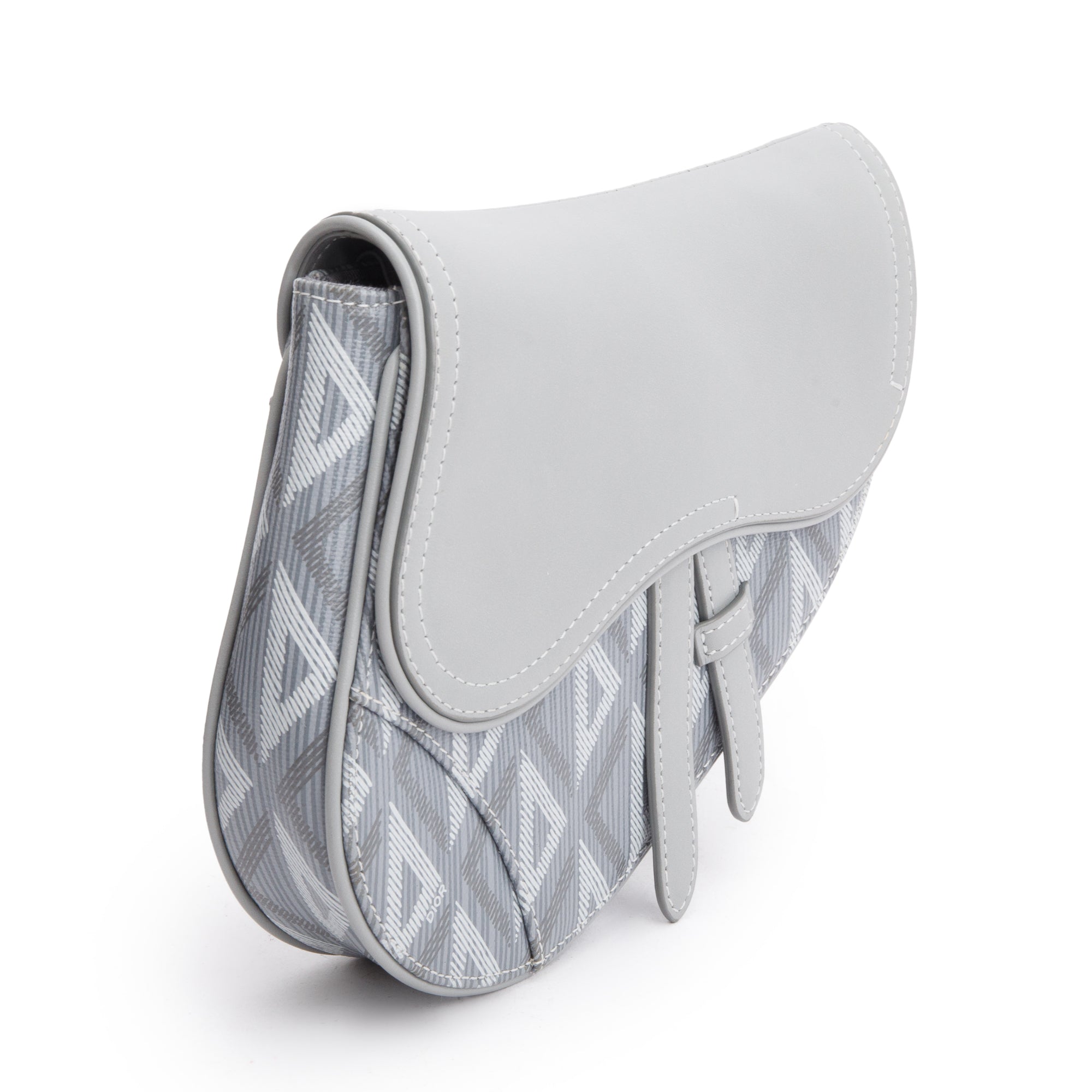 Christian Dior 2022 Grey Calfskin Leather CD Diamond Coated Canvas Mini Saddle Crossbody Bag