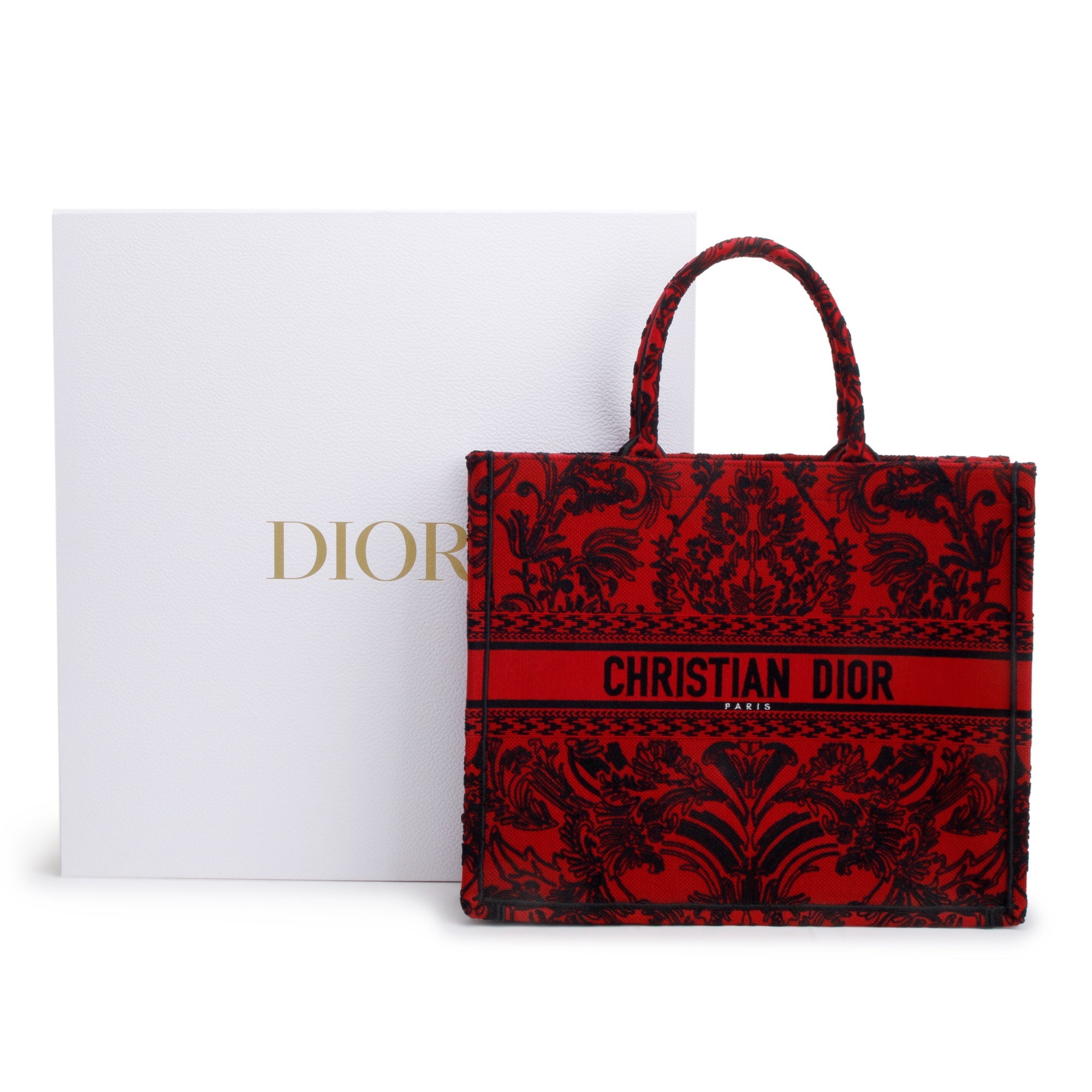 Christian Dior 2022 Large Red and Black Toile de Jouy Embroidery Canvas Book Tote w/ Box