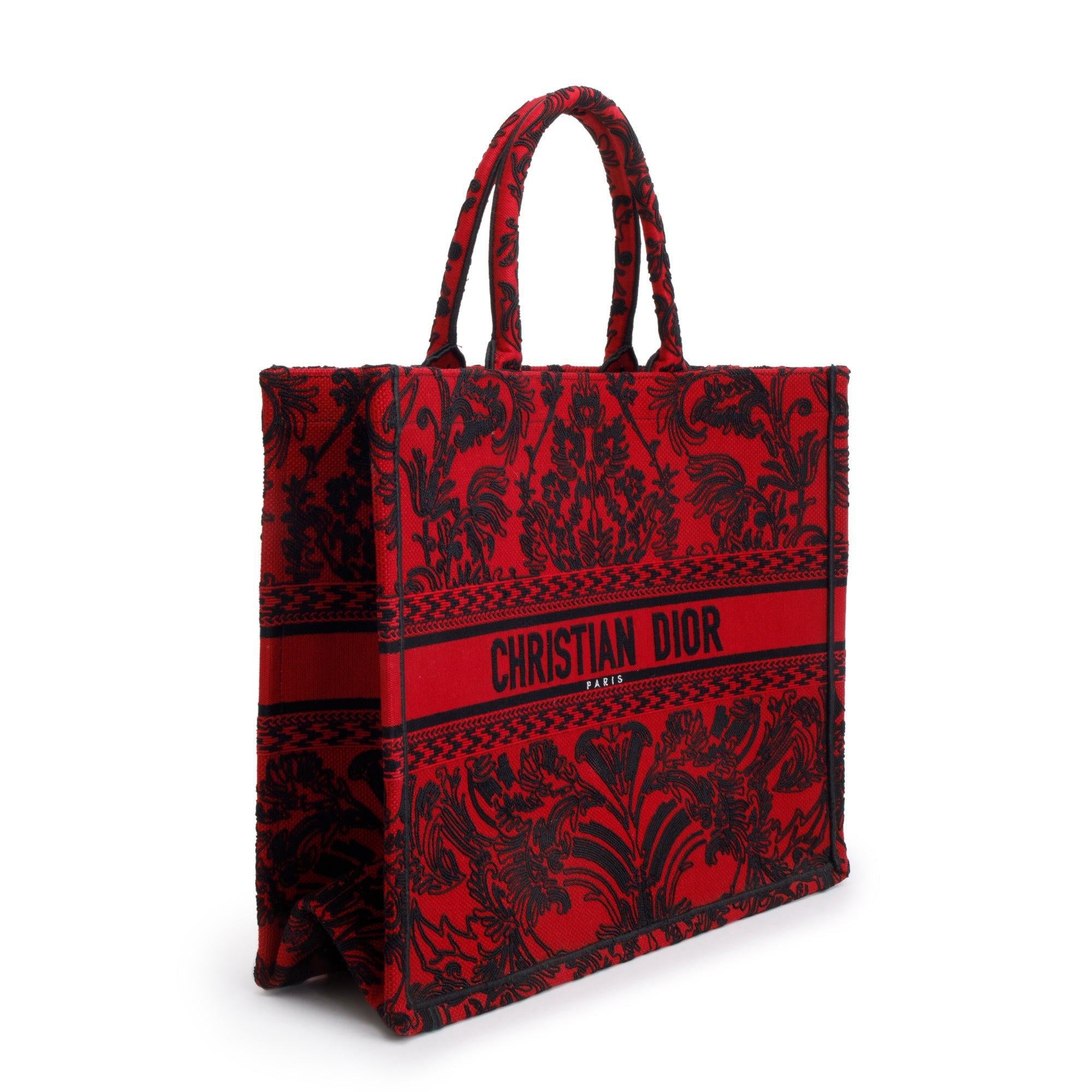 Christian Dior 2022 Large Red and Black Toile de Jouy Embroidery Canvas Book Tote w/ Box