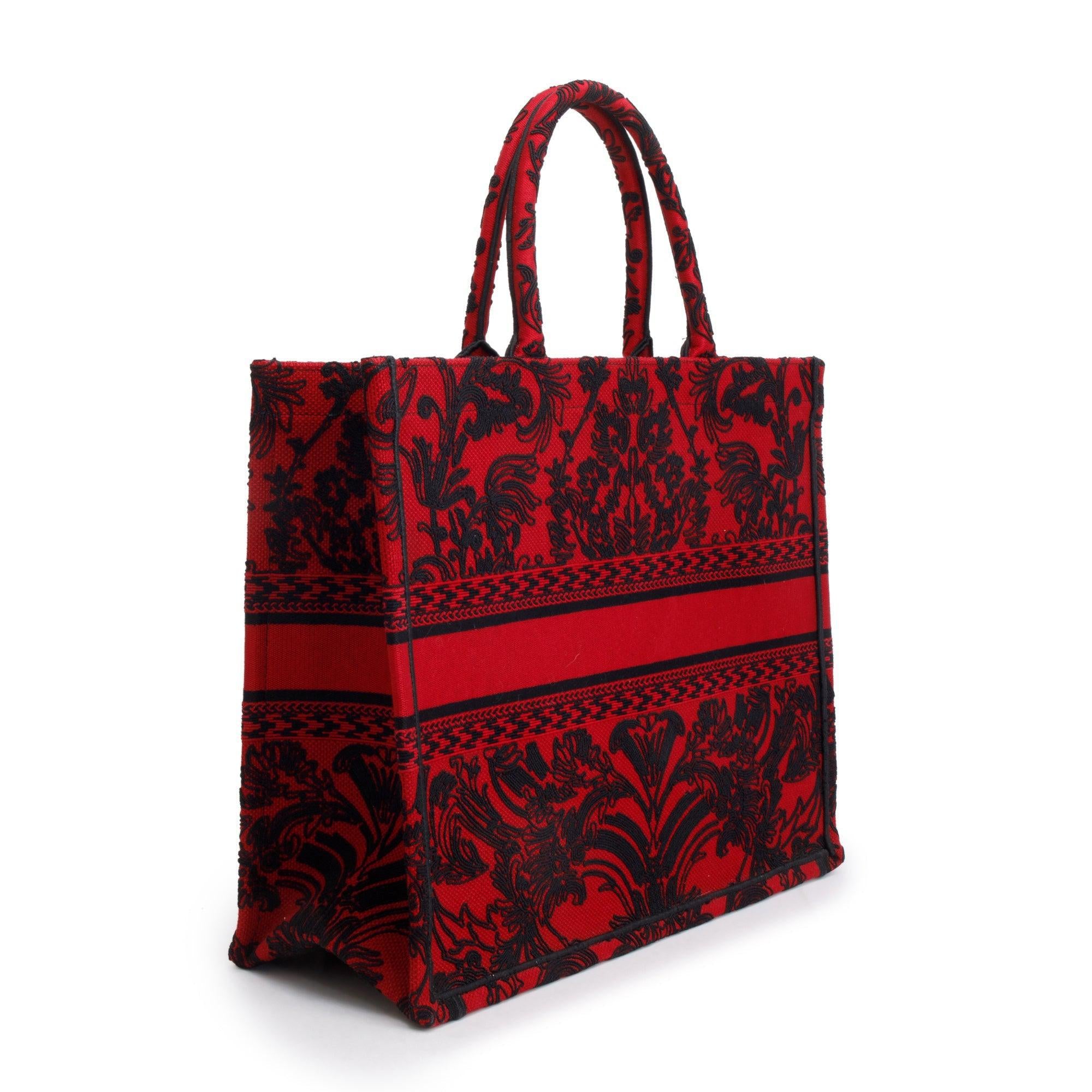 Christian Dior 2022 Large Red and Black Toile de Jouy Embroidery Canvas Book Tote w/ Box