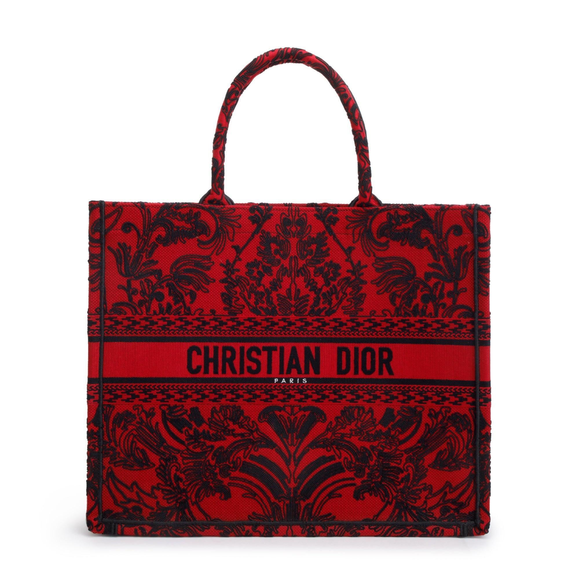Christian Dior 2022 Large Red and Black Toile de Jouy Embroidery Canvas Book Tote w/ Box