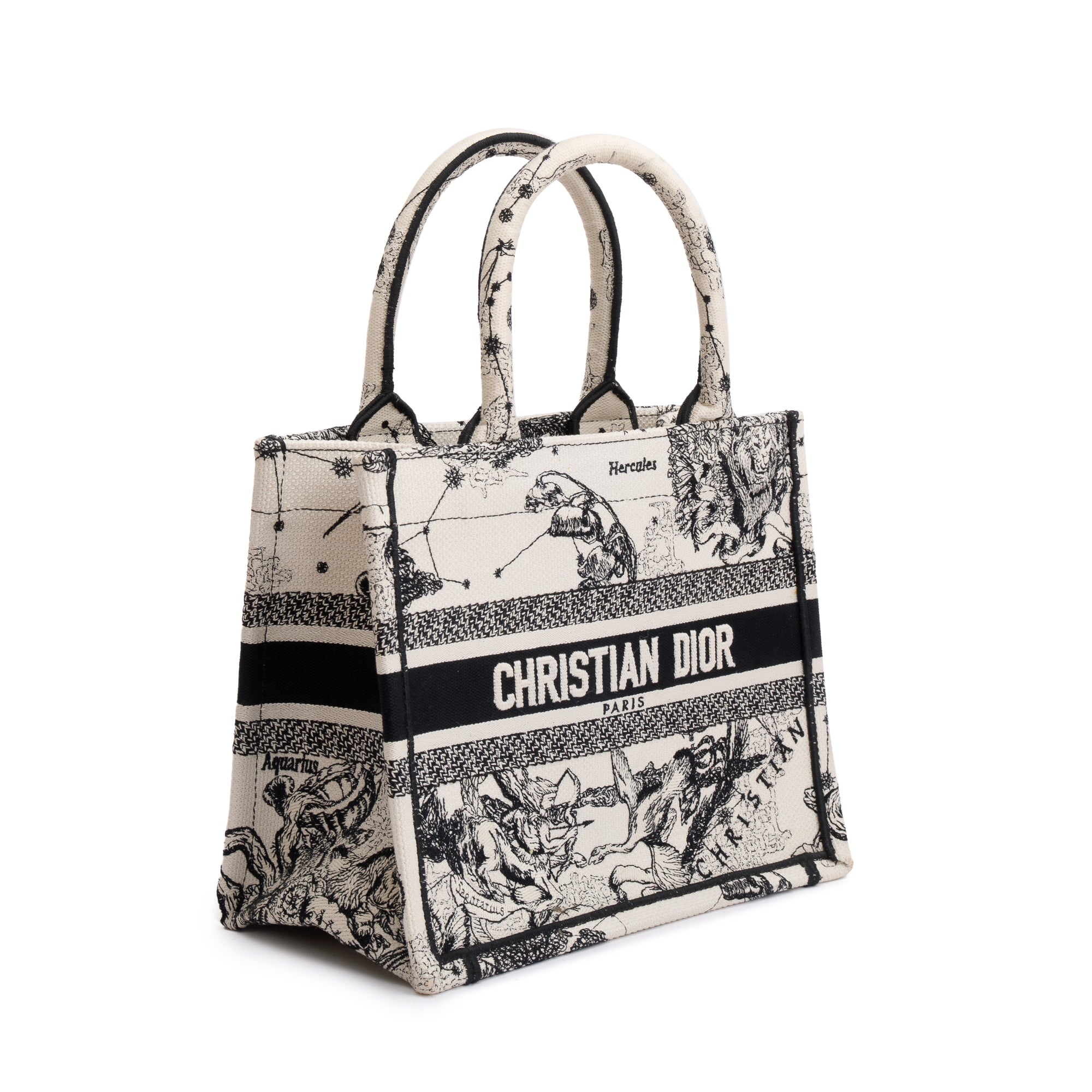 Christian Dior 2022 Latte & Black Toile de Jouy Zodiac Embroidery Small Book Tote