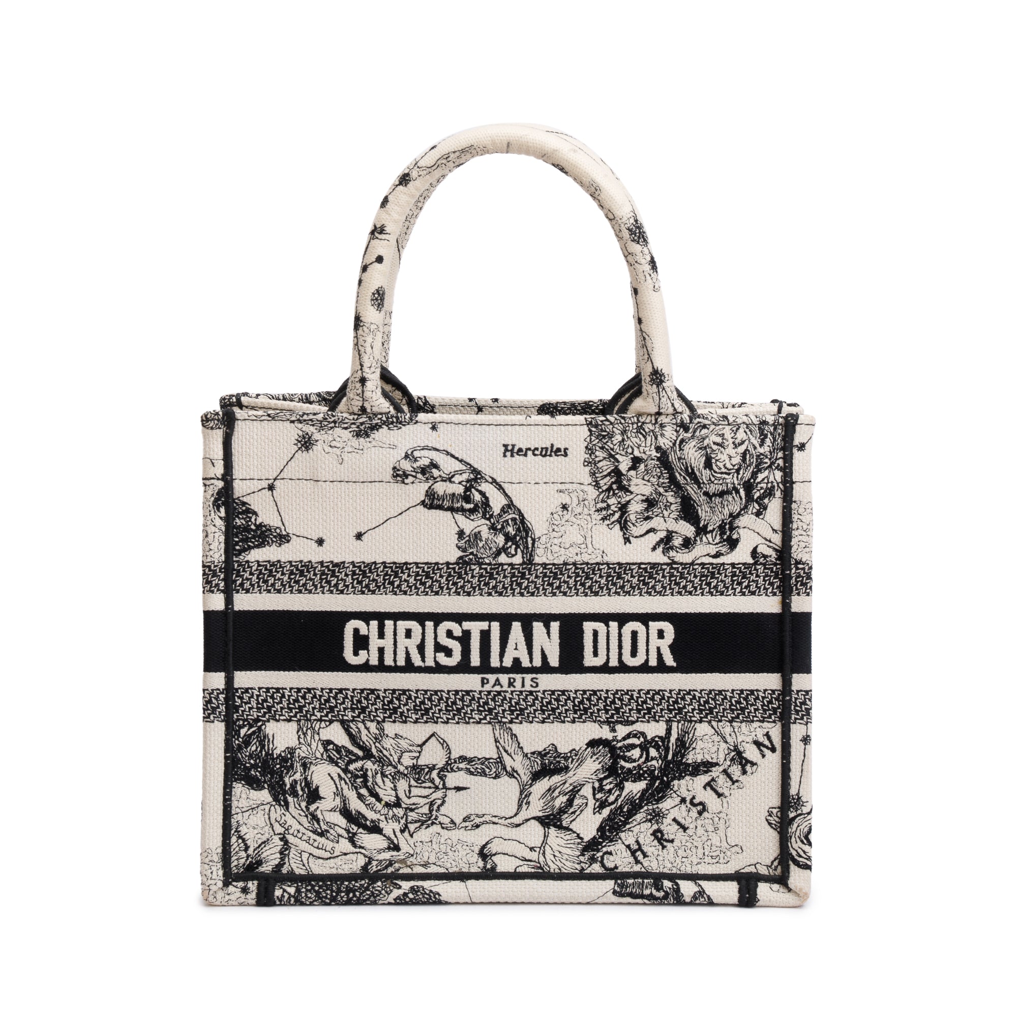 Christian Dior 2022 Latte & Black Toile de Jouy Zodiac Embroidery Small Book Tote