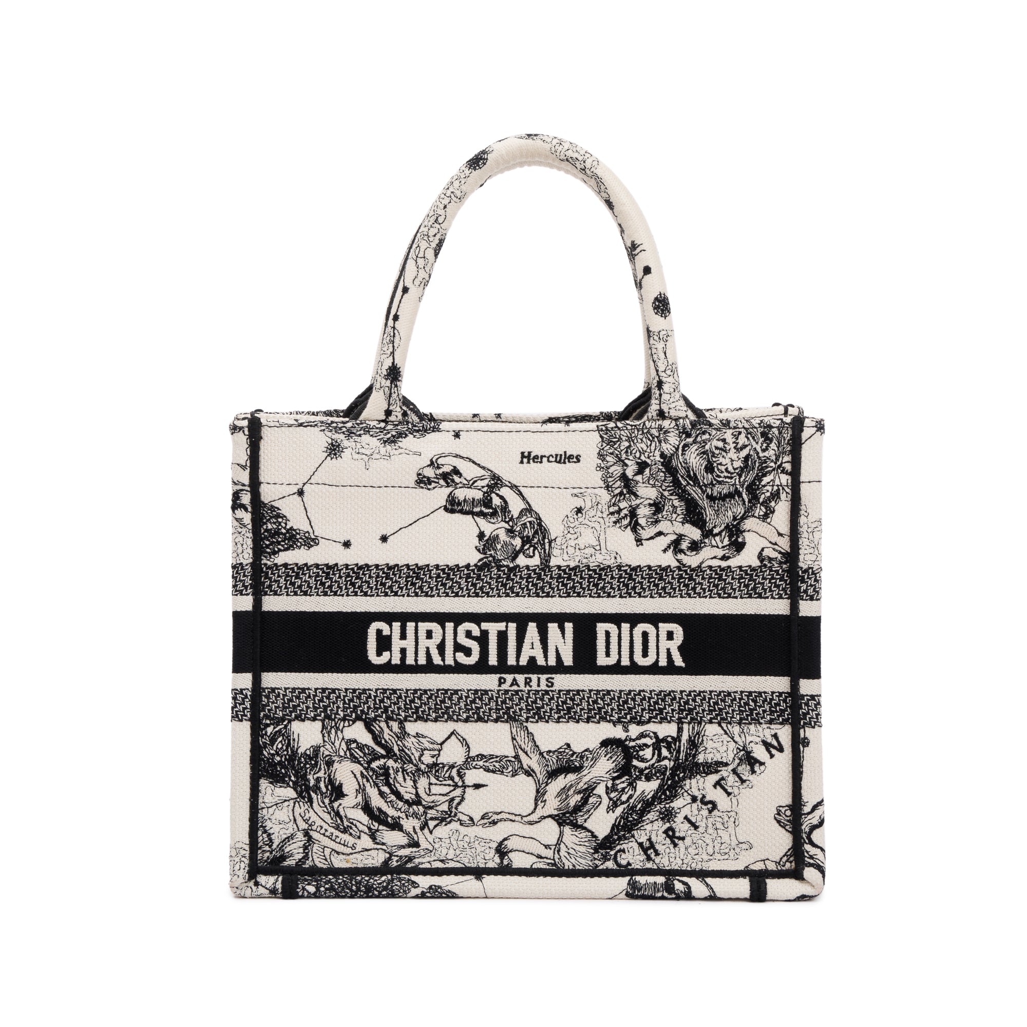 Christian Dior 2022 Latte & Black Toile de Jouy Zodiac Embroidery Small Book Tote