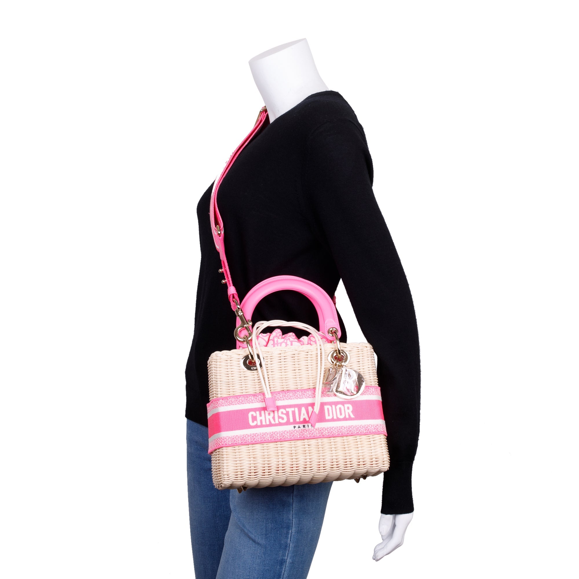 Christian Dior 2022 Natural Wicker Pink Oblique Medium Lady Dior Bag w/ Strap, Box & Authenticity Card
