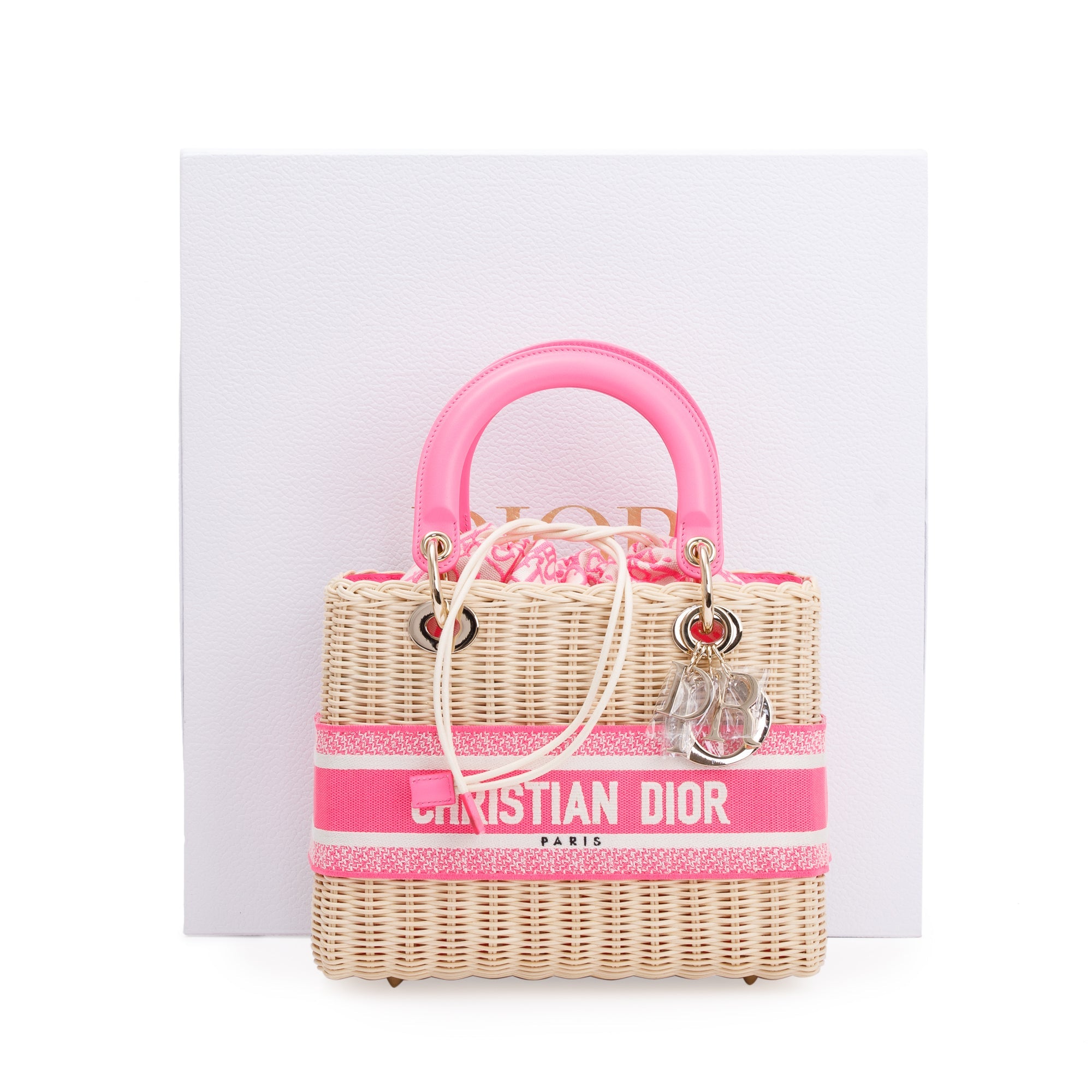 Christian Dior 2022 Natural Wicker Pink Oblique Medium Lady Dior Bag w/ Strap, Box & Authenticity Card