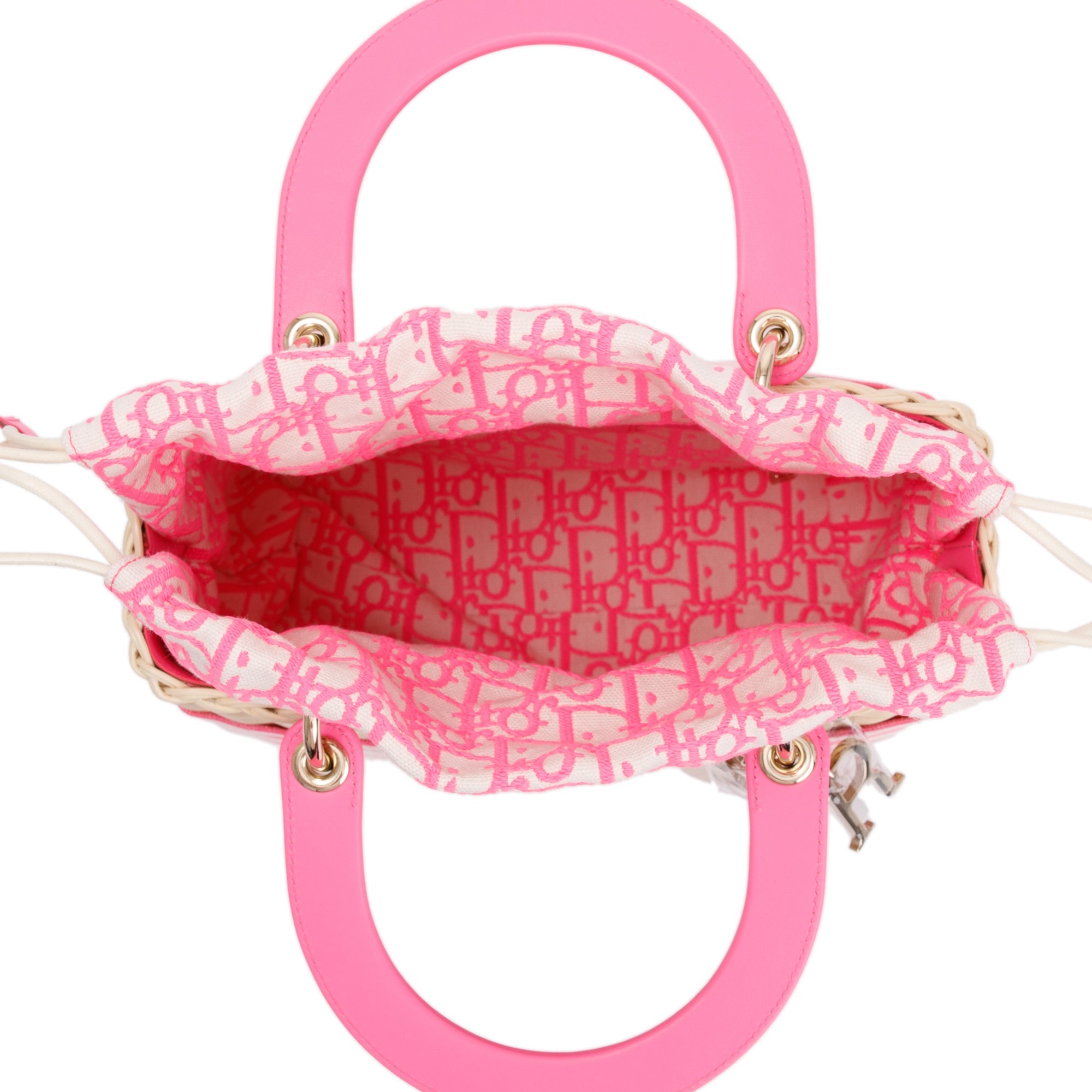 Christian Dior 2022 Natural Wicker Pink Oblique Medium Lady Dior Bag w/ Strap, Box & Authenticity Card