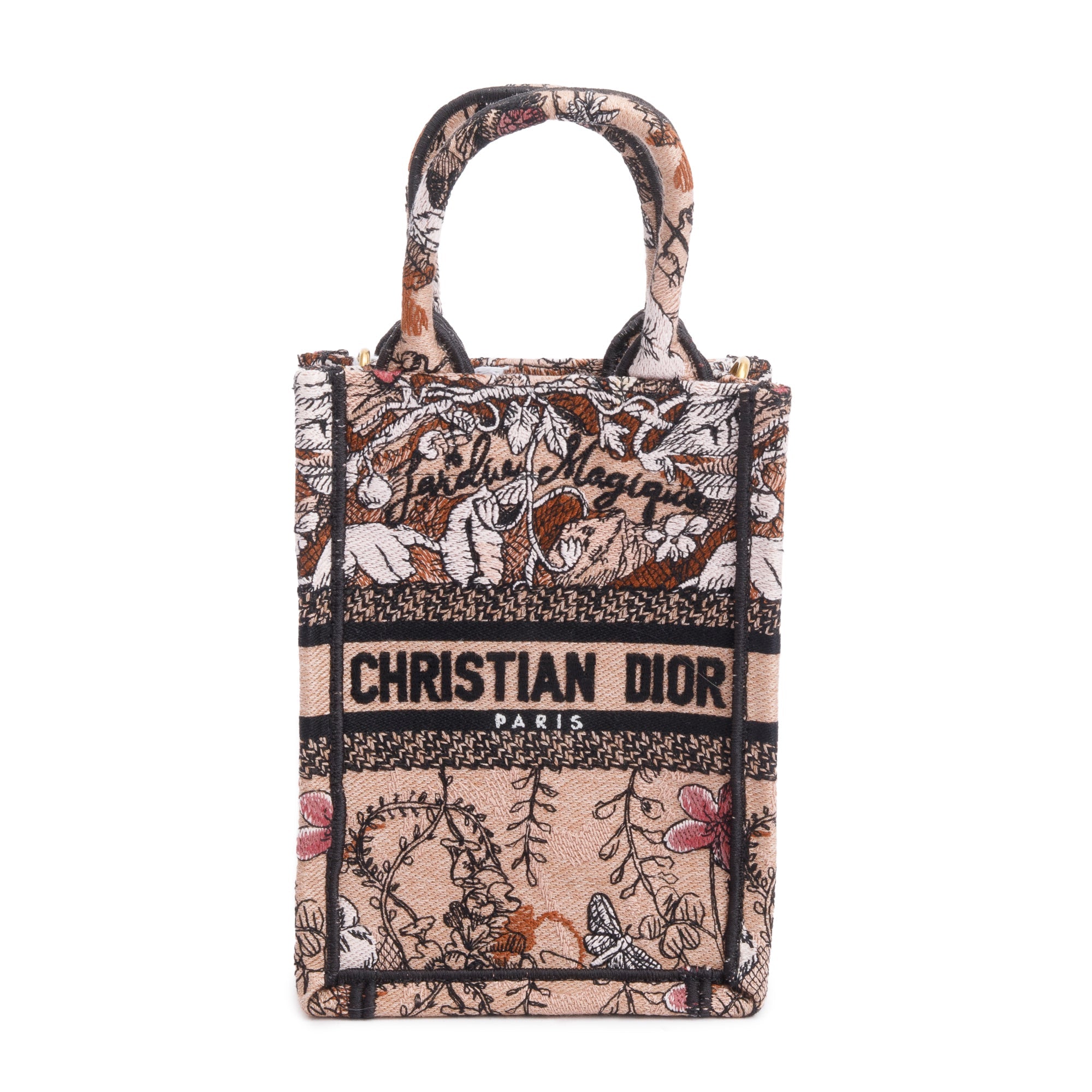 Christian Dior 2022 Pink Jardin Magique Embroidered Mini Vertical Book Tote w/ Strap, Box & Authenticity Card