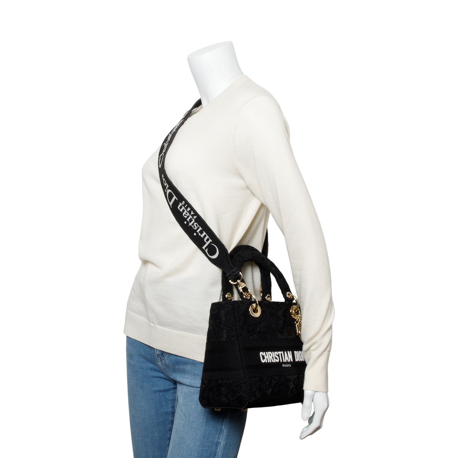 Christian Dior 2023 Black Canvas Medium Lady D-Lace Bag w/ Strap & Box