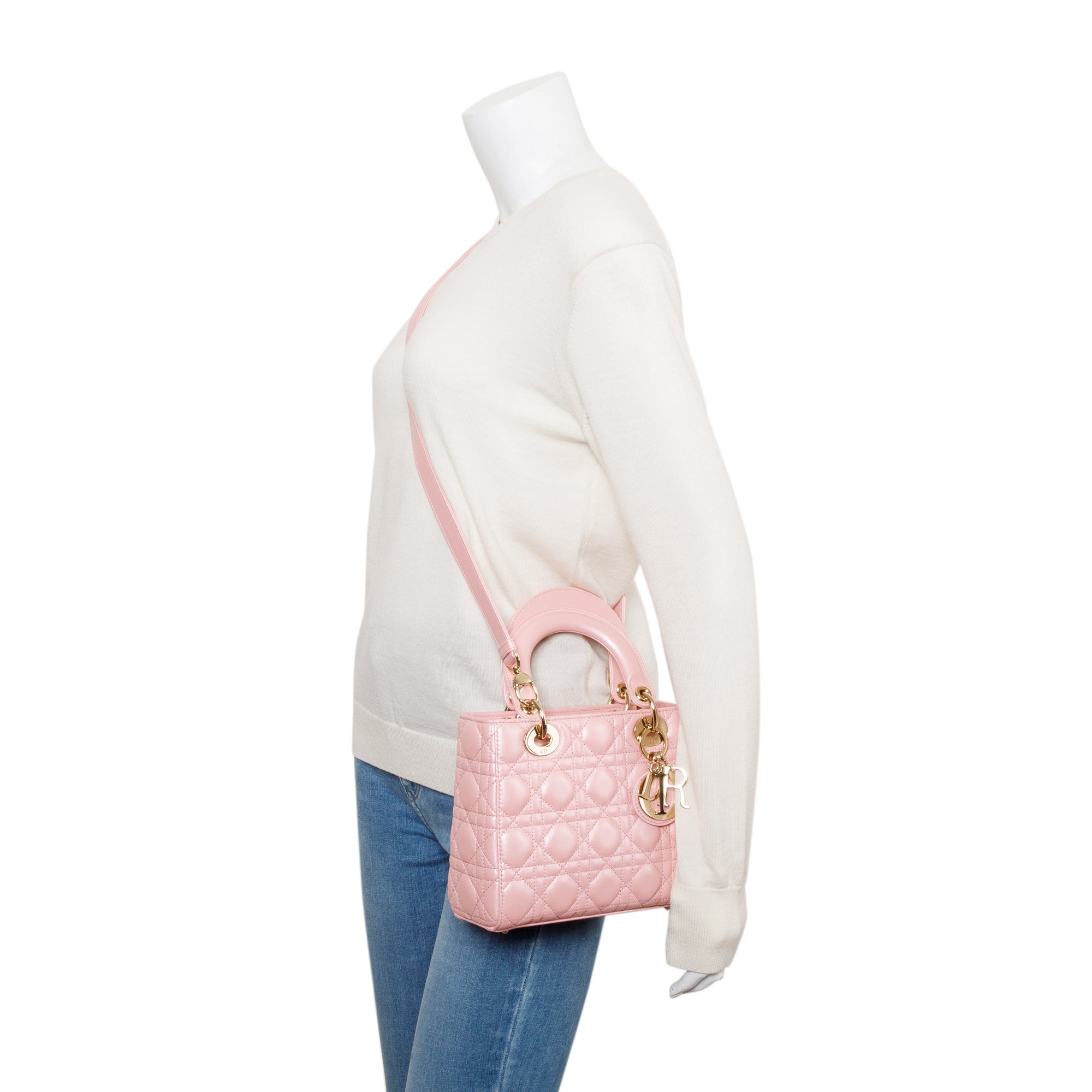 Christian Dior 2023 Pink Metallic Cannage Lambskin Leather Small Lady Dior Bag w/ Strap, Box & Authenticity Card