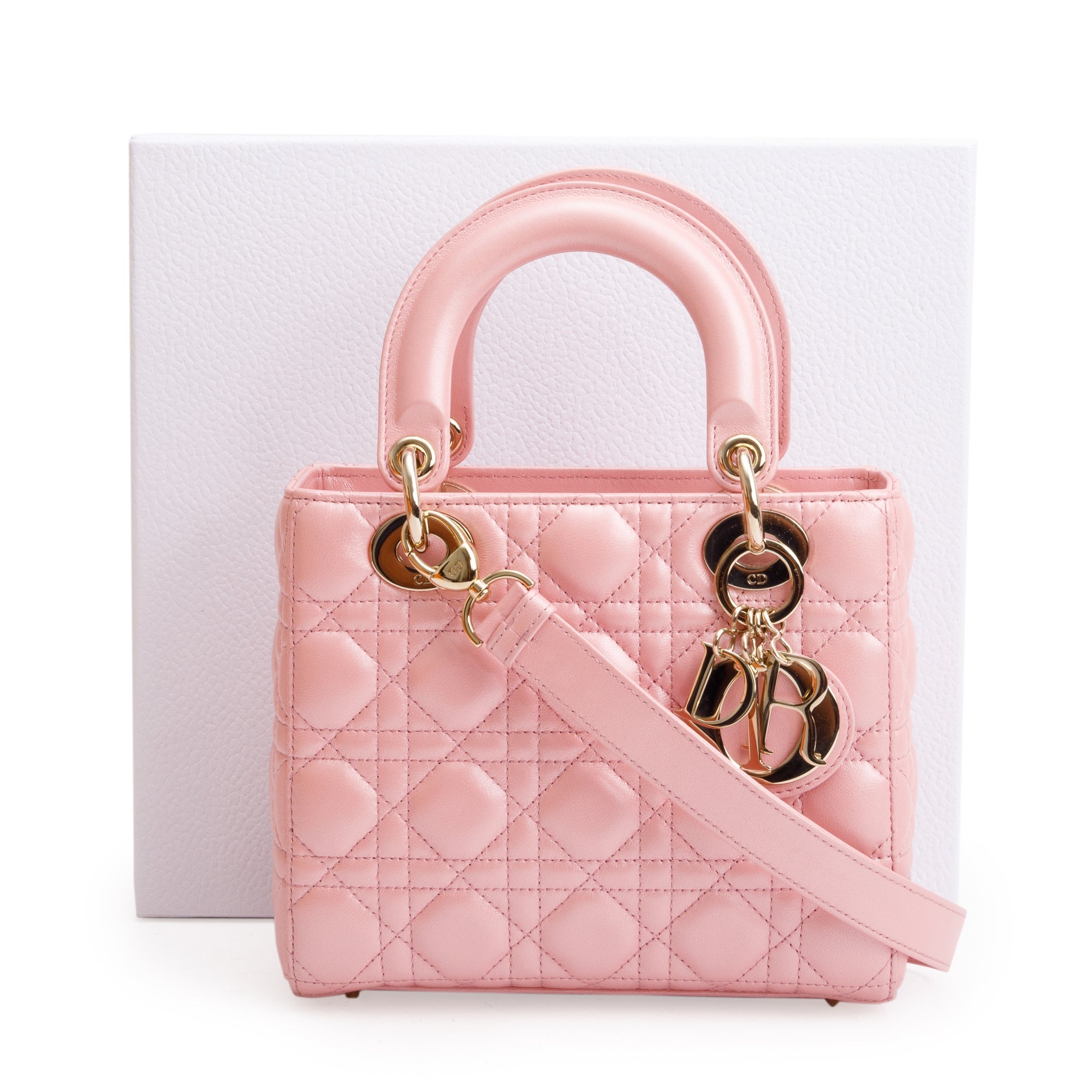 Christian Dior 2023 Pink Metallic Cannage Lambskin Leather Small Lady Dior Bag w/ Strap, Box & Authenticity Card