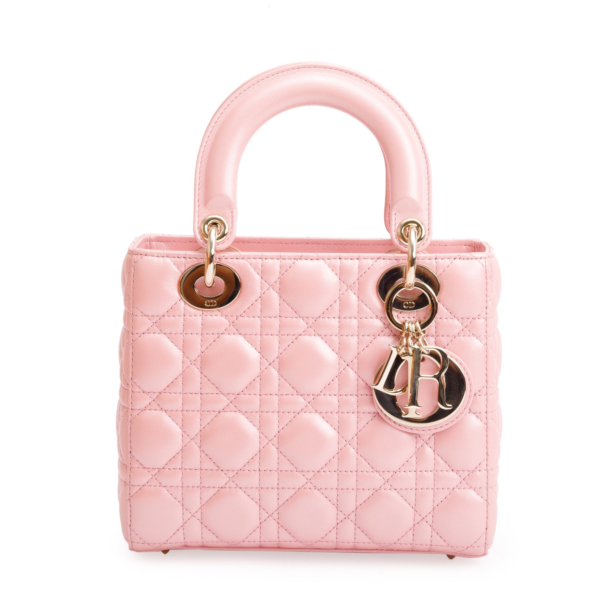 Christian Dior 2023 Pink Metallic Cannage Lambskin Leather Small Lady Dior Bag w/ Strap, Box & Authenticity Card