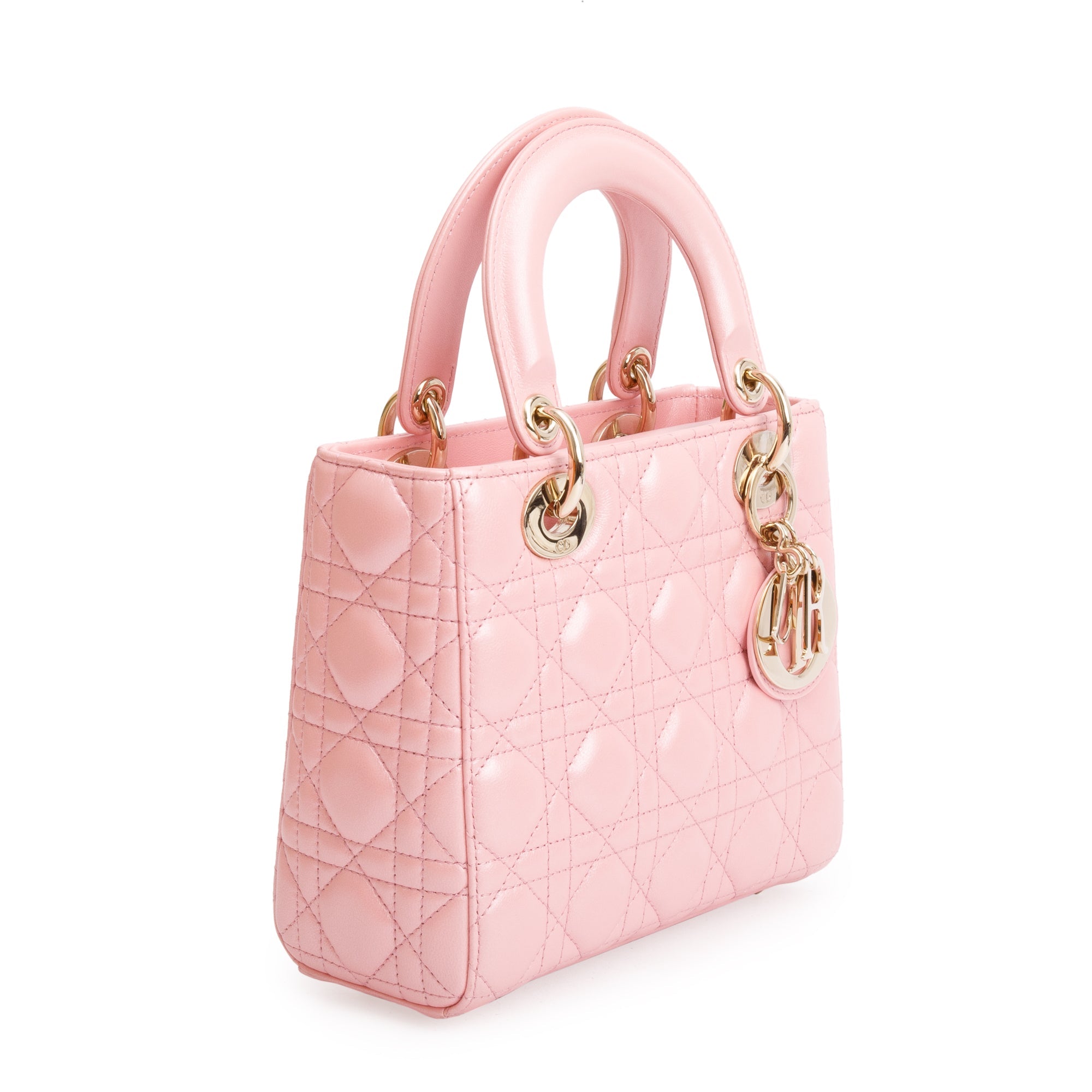 Christian Dior 2023 Pink Metallic Cannage Lambskin Leather Small Lady Dior Bag w/ Strap, Box & Authenticity Card