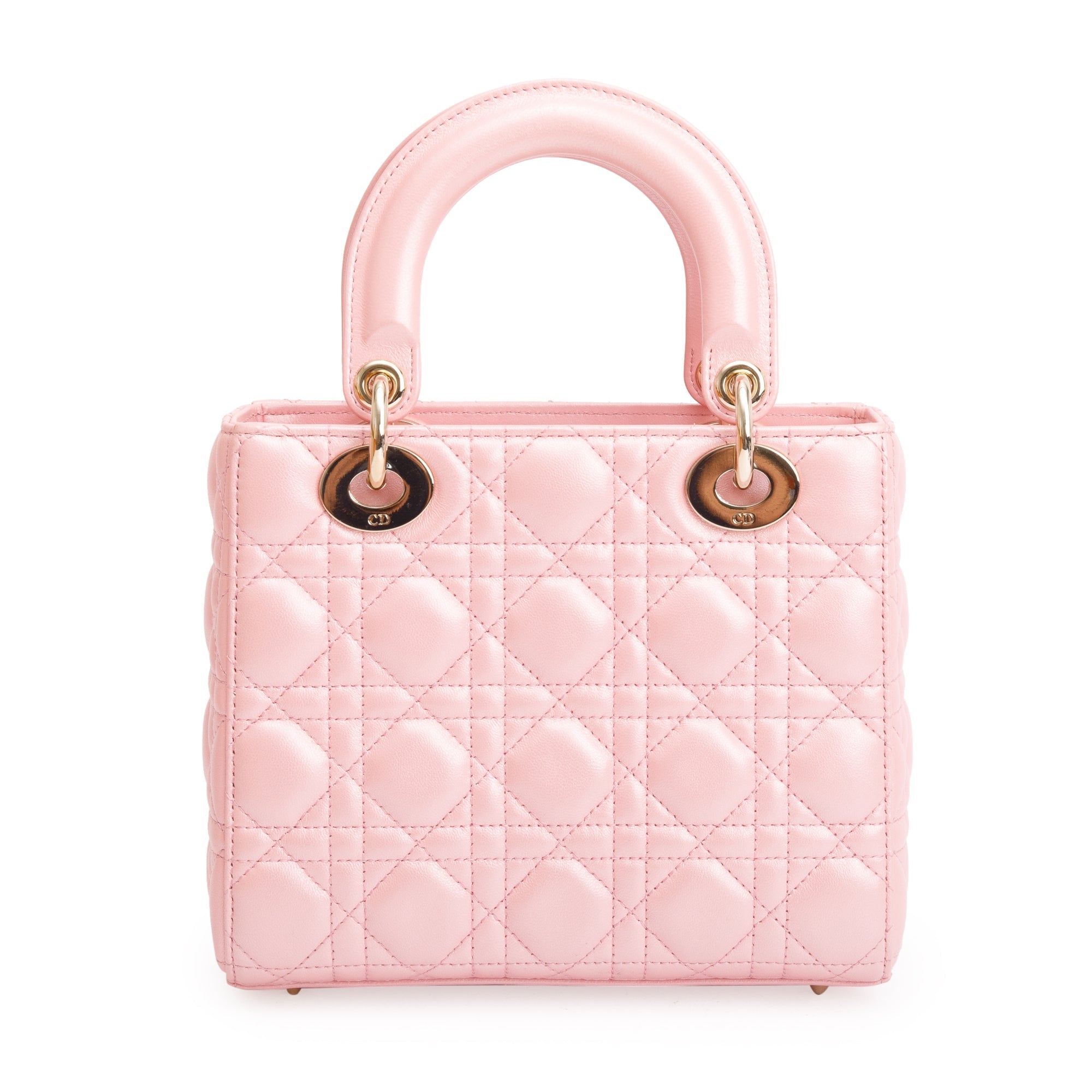 Christian Dior 2023 Pink Metallic Cannage Lambskin Leather Small Lady Dior Bag w/ Strap, Box & Authenticity Card