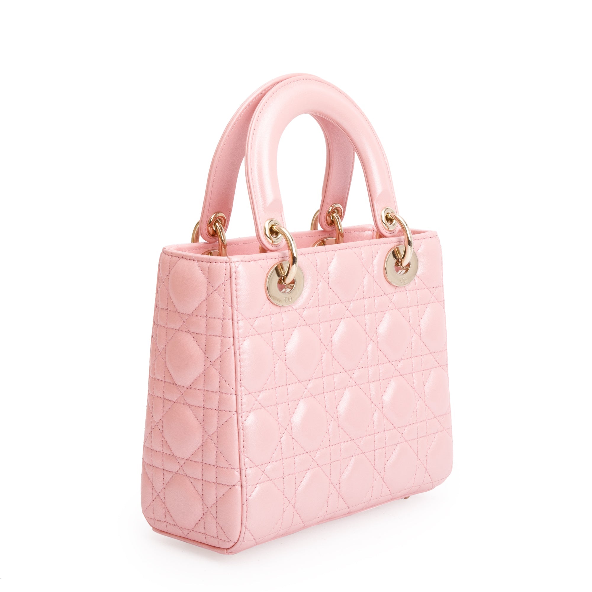 Christian Dior 2023 Pink Metallic Cannage Lambskin Leather Small Lady Dior Bag w/ Strap, Box & Authenticity Card