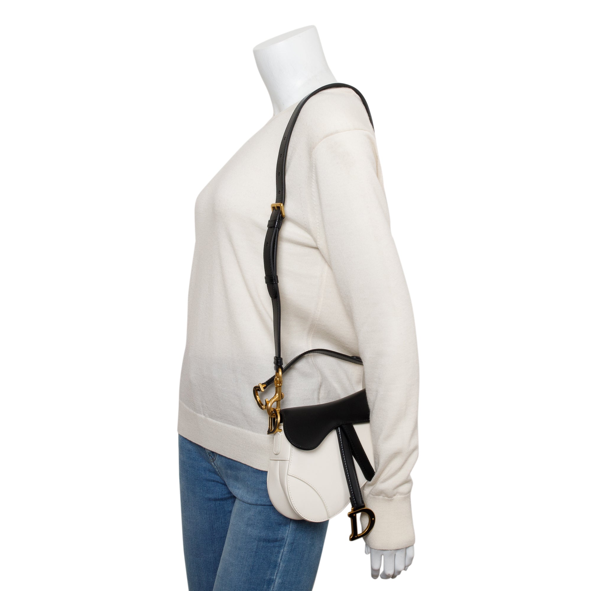 Christian Dior 2024 Black & White Calfskin Leather Mini Saddle Bag w/ Strap, Box & Authenticity Card