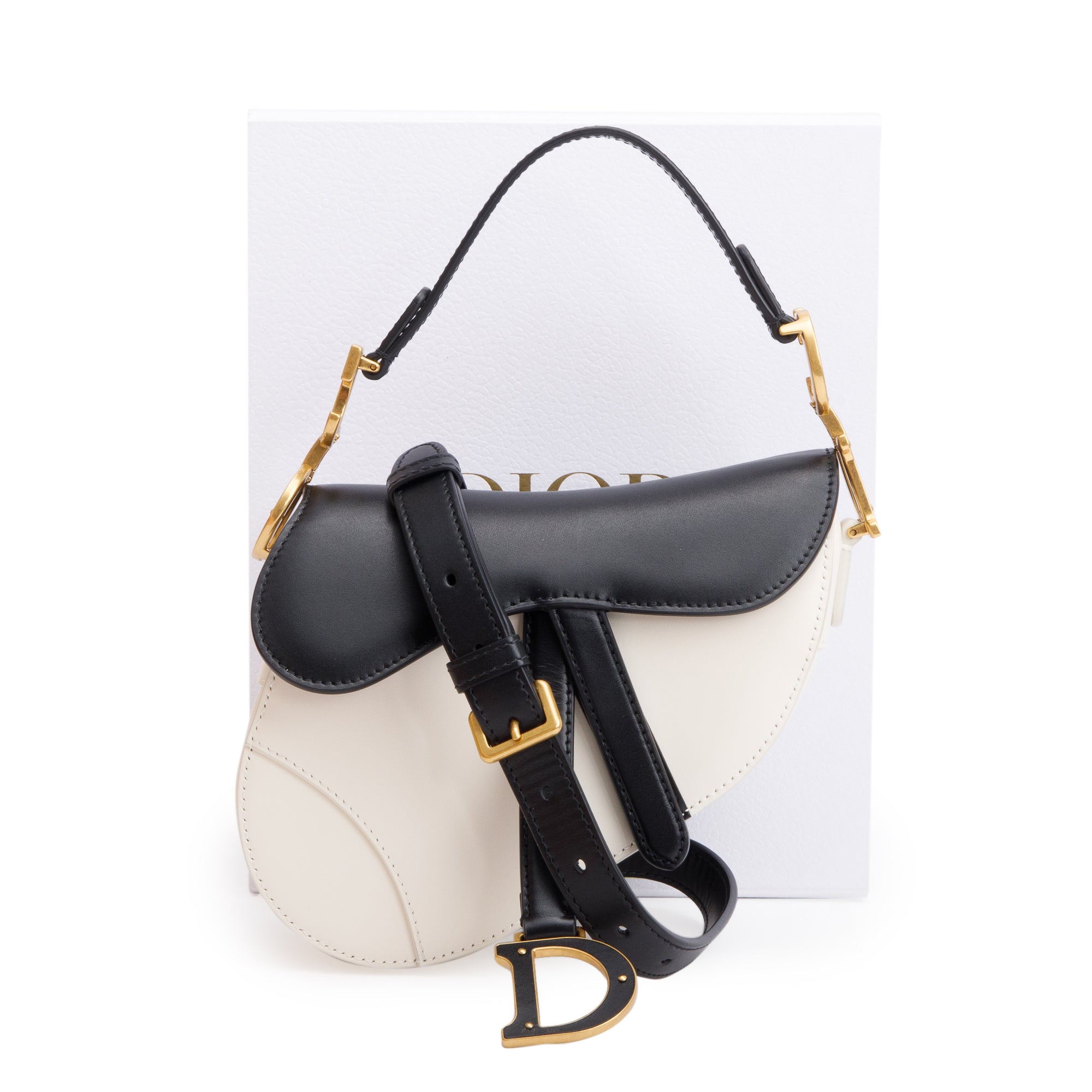 Christian Dior 2024 Black & White Calfskin Leather Mini Saddle Bag w/ Strap, Box & Authenticity Card