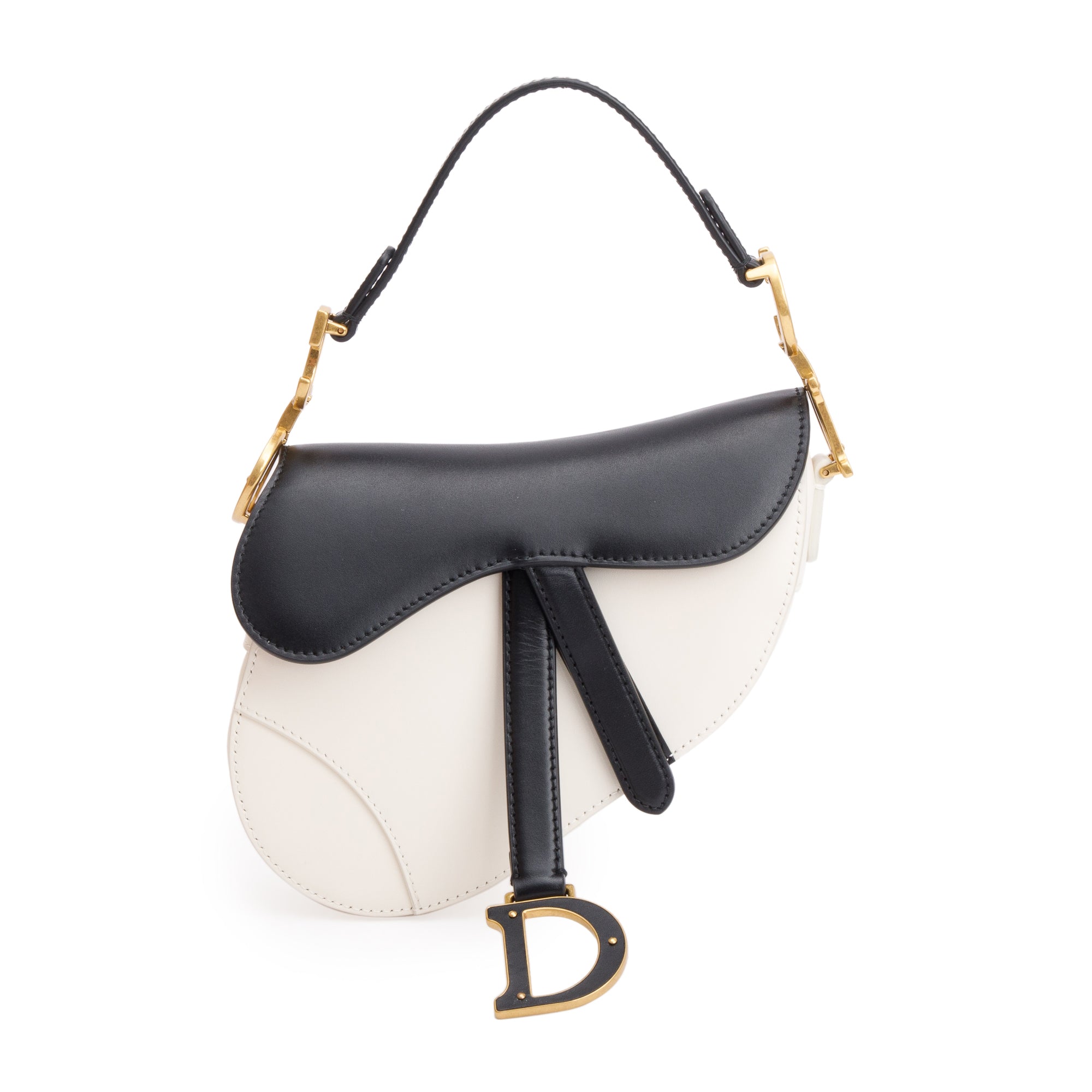 Christian Dior 2024 Black & White Calfskin Leather Mini Saddle Bag w/ Strap, Box & Authenticity Card