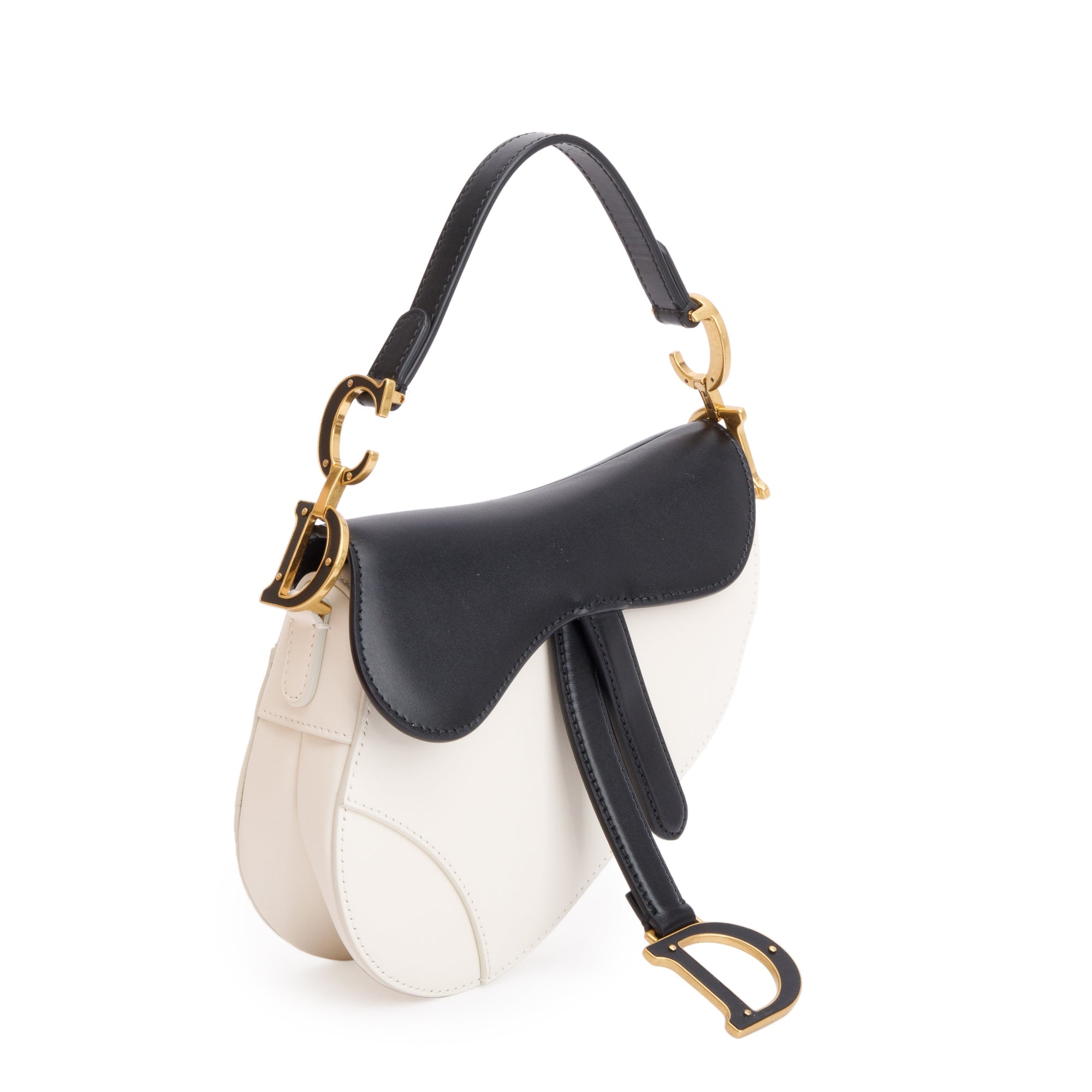 Christian Dior 2024 Black & White Calfskin Leather Mini Saddle Bag w/ Strap, Box & Authenticity Card