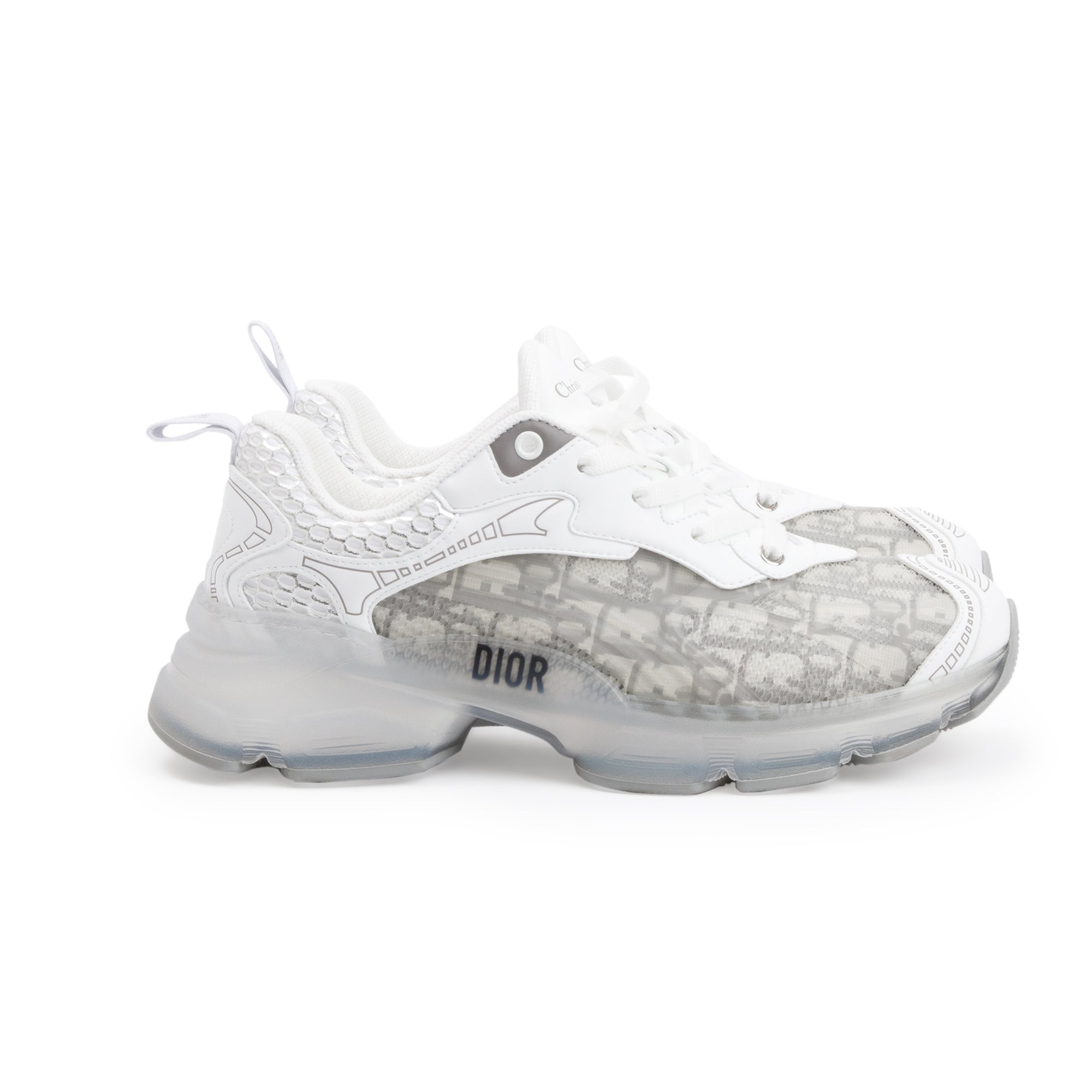 Christian Dior 2024 White/Grey Oblique Canvas and Transparent Rubber Vibe Sneakers, Size 38.5