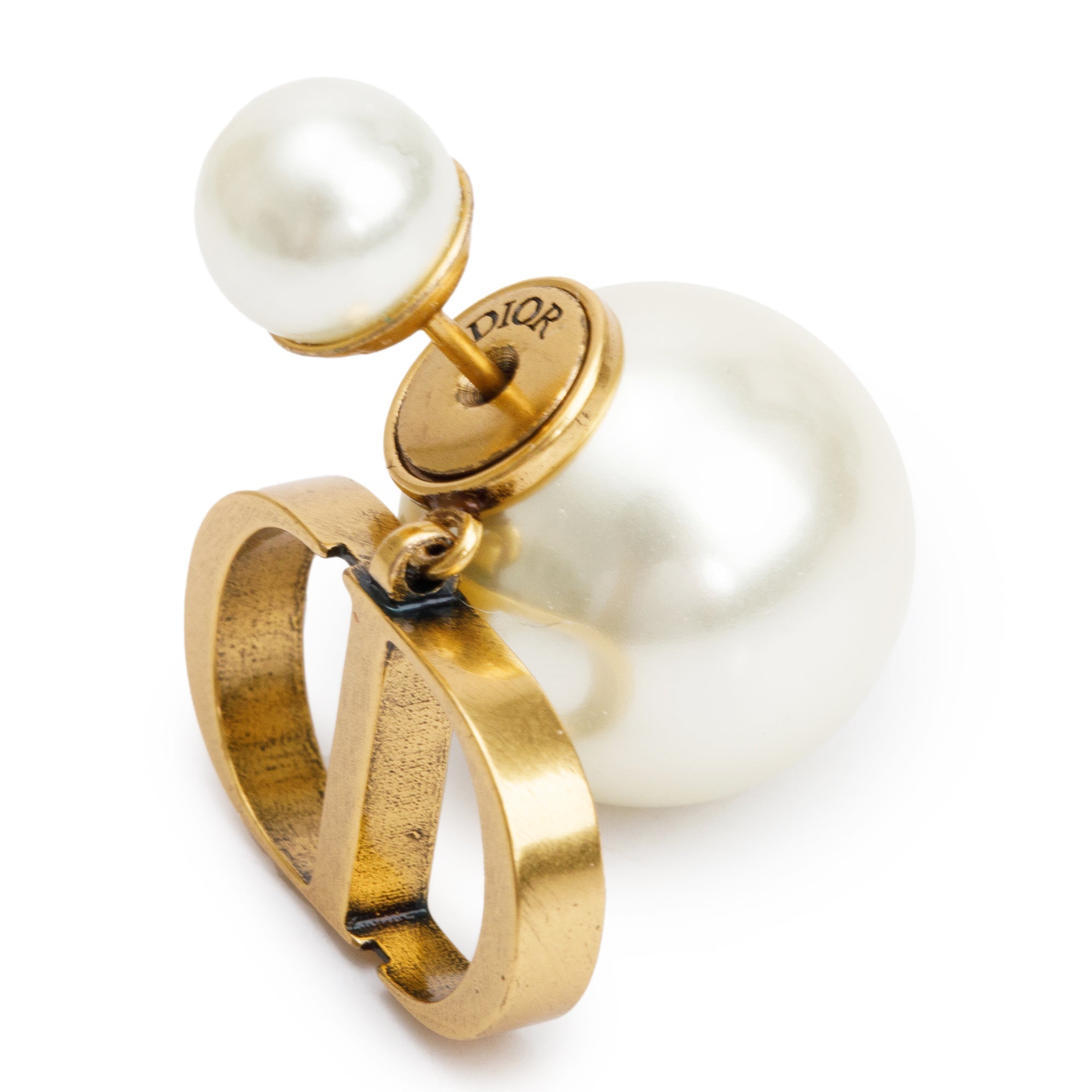 Christian Dior Antique Gold-Tone Metal Faux Pearl Tribales Earrings w/ Box