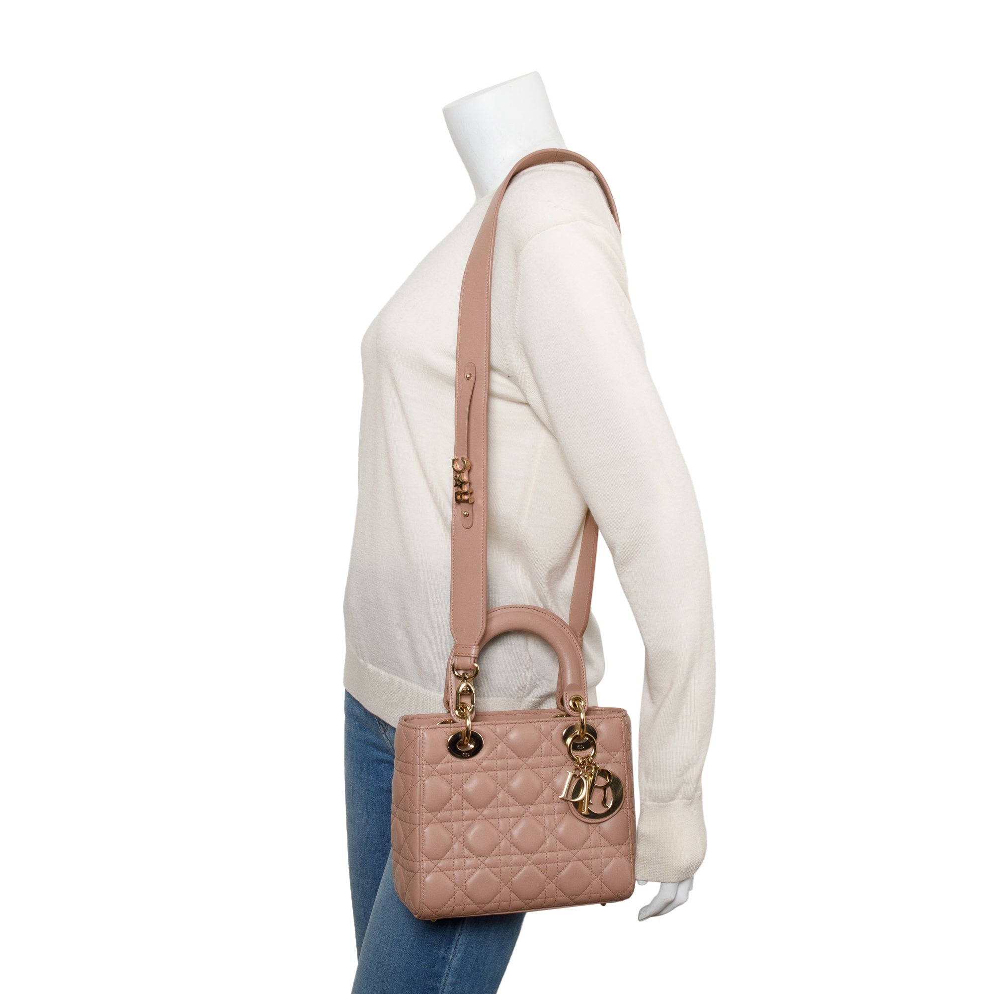 Christian Dior Beige Cannage Lambskin Leather Small Lady Dior My Abcdior Bag w/ Strap