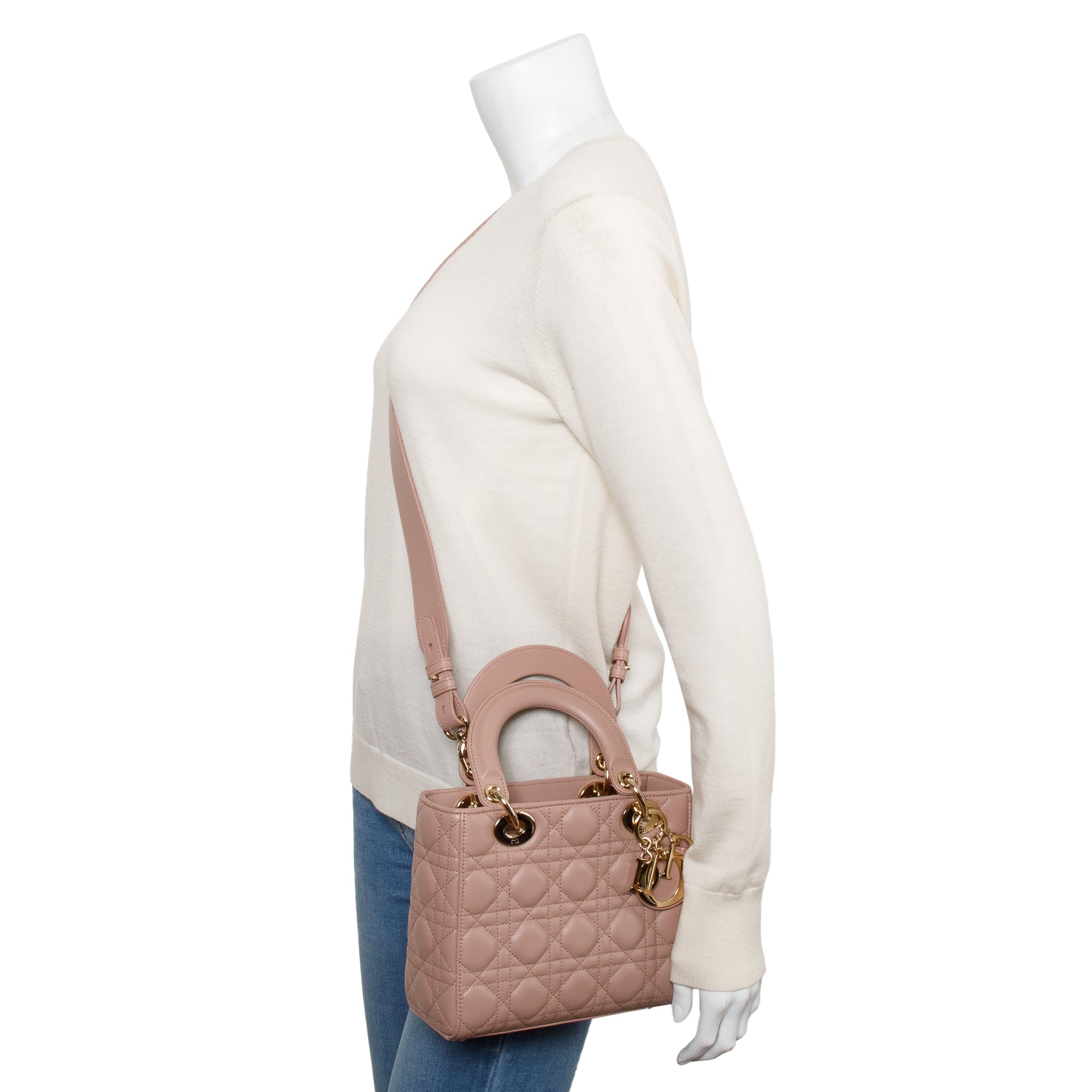 Christian Dior Beige Cannage Lambskin Leather Small Lady Dior My Abcdior Bag w/ Strap