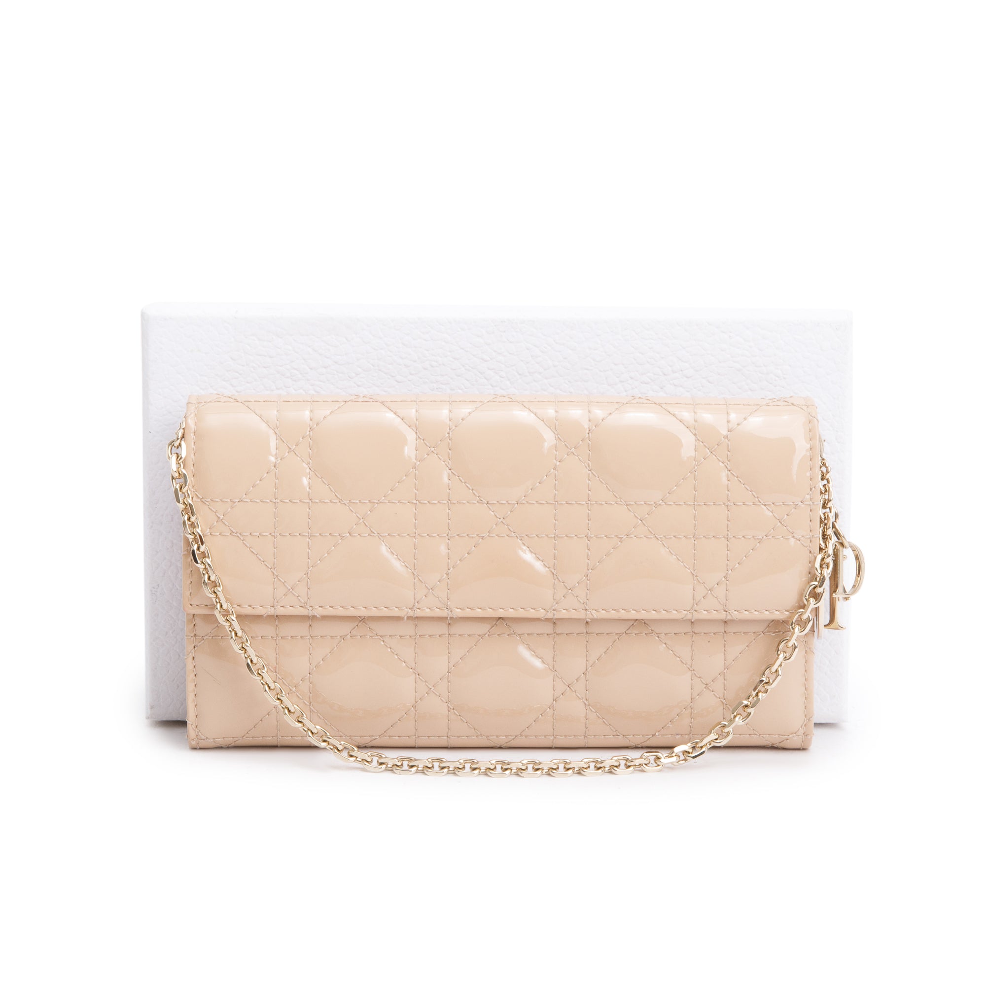 Christian Dior Beige Cannage Patent Leather Lady Dior Rendezvous Chain Wallet w/ Box