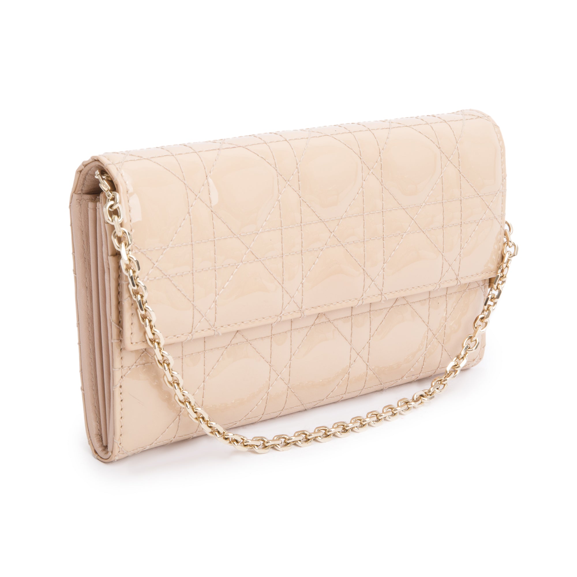 Christian Dior Beige Cannage Patent Leather Lady Dior Rendezvous Chain Wallet w/ Box