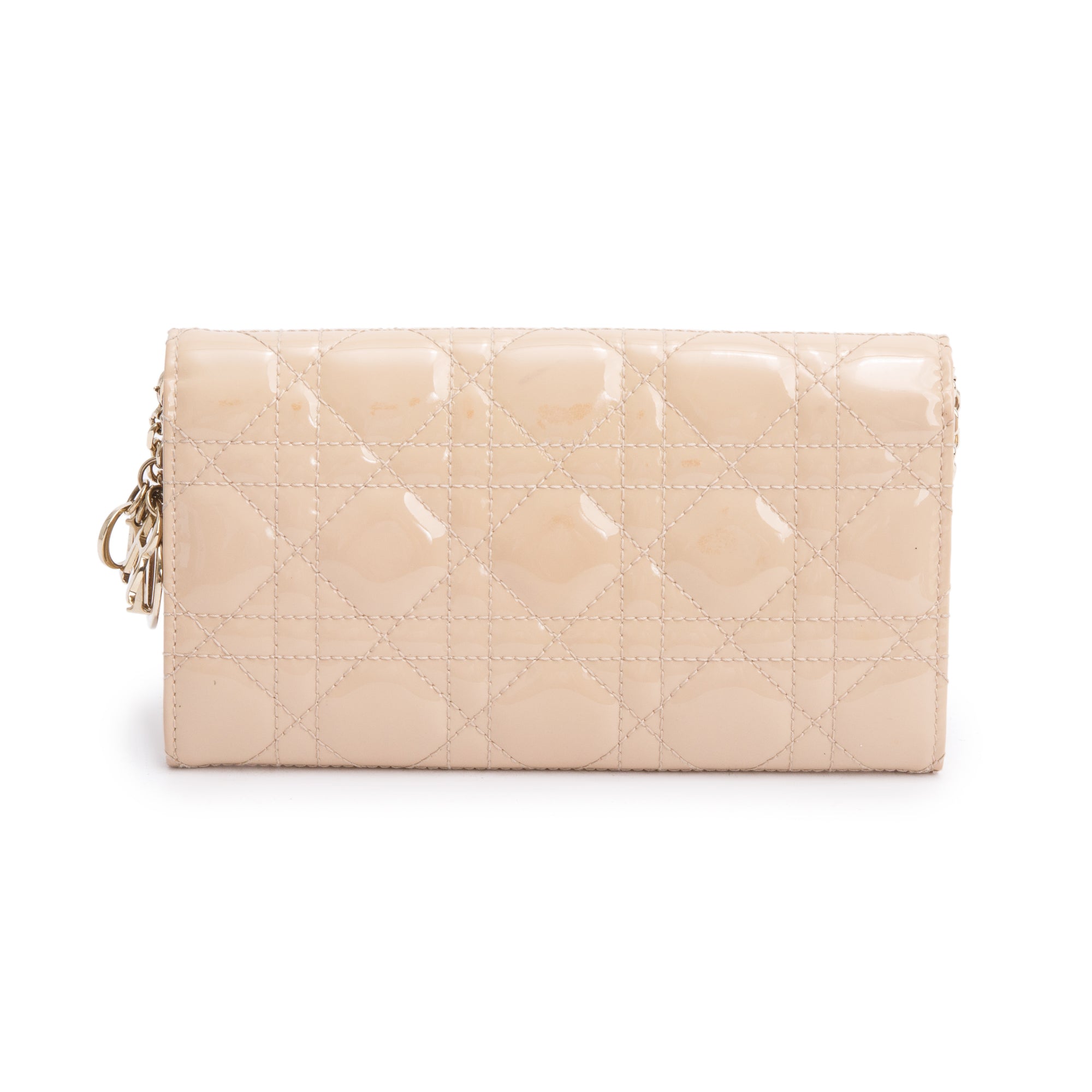 Christian Dior Beige Cannage Patent Leather Lady Dior Rendezvous Chain Wallet w/ Box