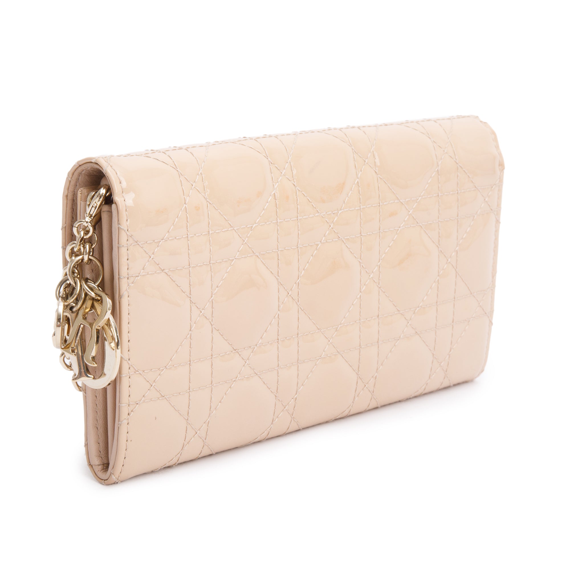 Christian Dior Beige Cannage Patent Leather Lady Dior Rendezvous Chain Wallet w/ Box