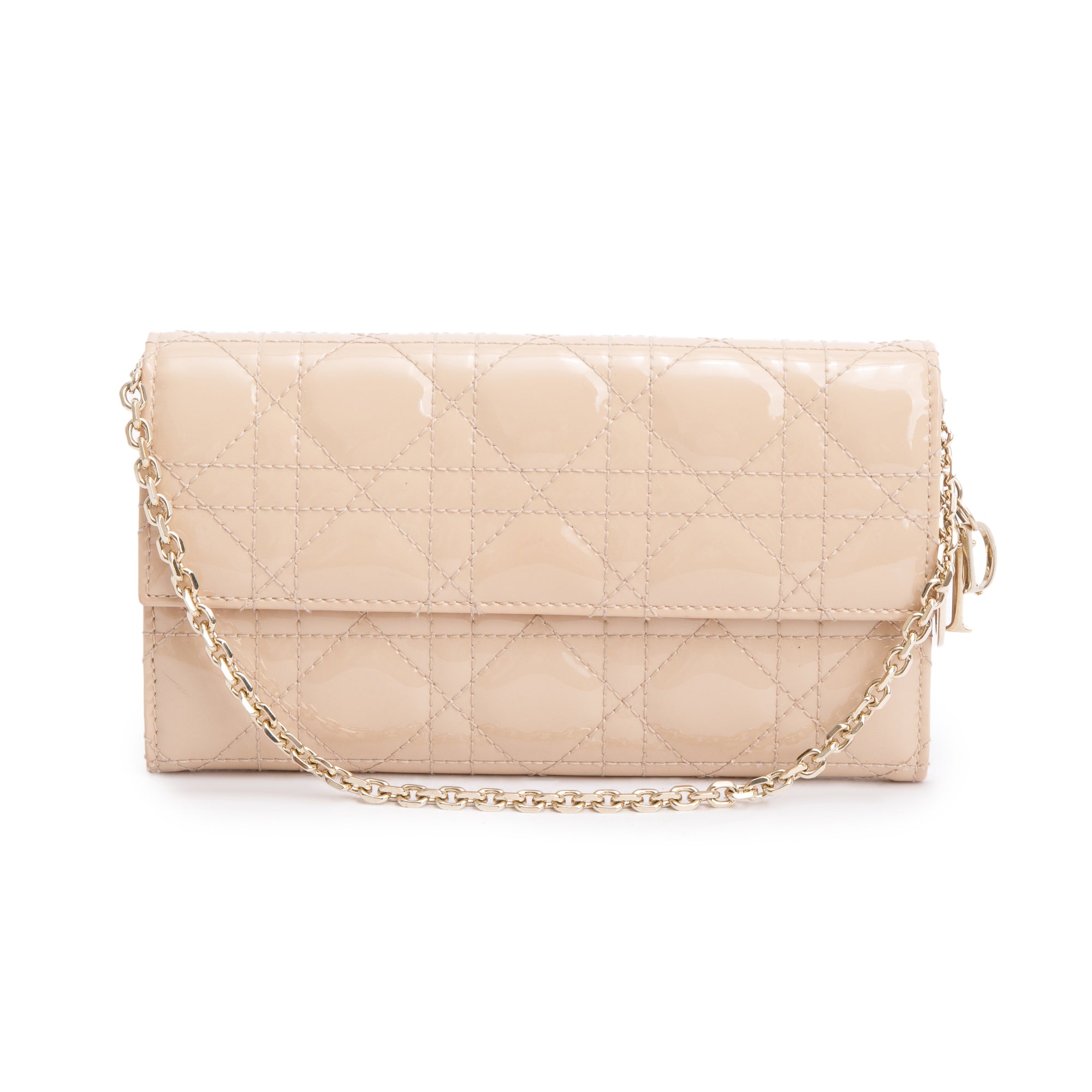 Christian Dior Beige Cannage Patent Leather Lady Dior Rendezvous Chain Wallet w/ Box