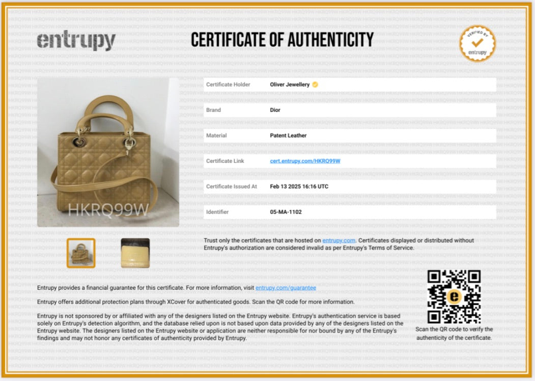 Christian Dior Beige Cannage Patent Leather Medium Lady Dior Bag w/ Strap & Authenticity Card