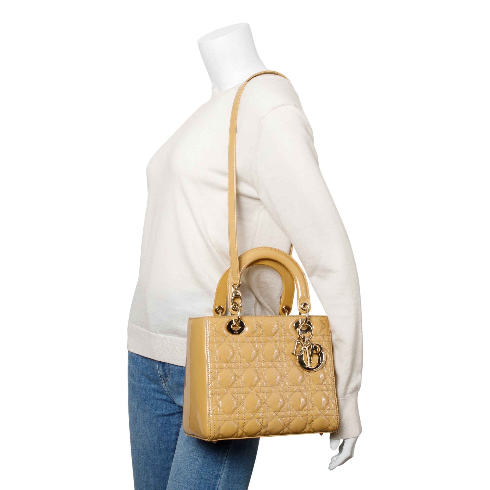 Christian Dior Beige Cannage Patent Leather Medium Lady Dior Bag w/ Strap & Authenticity Card