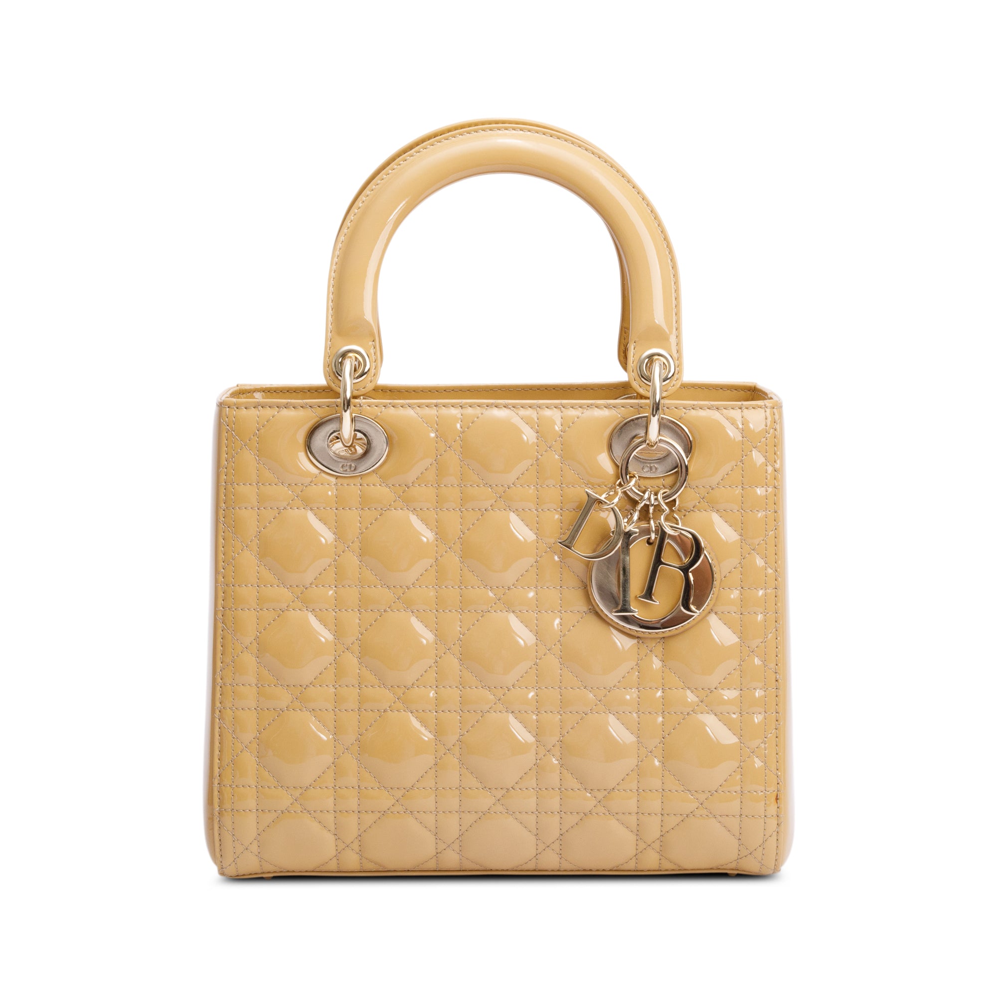 Christian Dior Beige Cannage Patent Leather Medium Lady Dior Bag w/ Strap & Authenticity Card