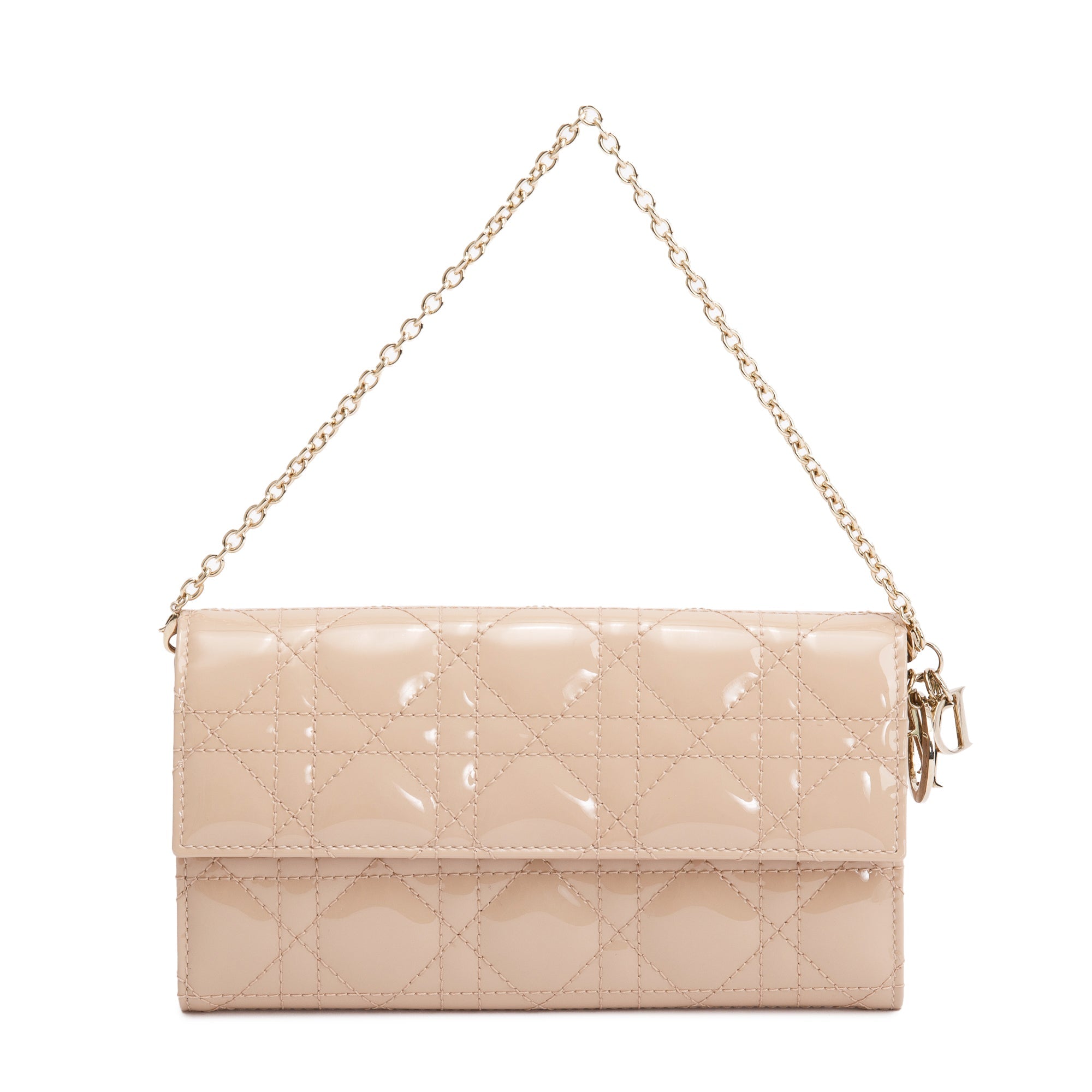 Christian Dior Beige Cannage Patent Leather Rendezvous Wallet on Chain w/ Box