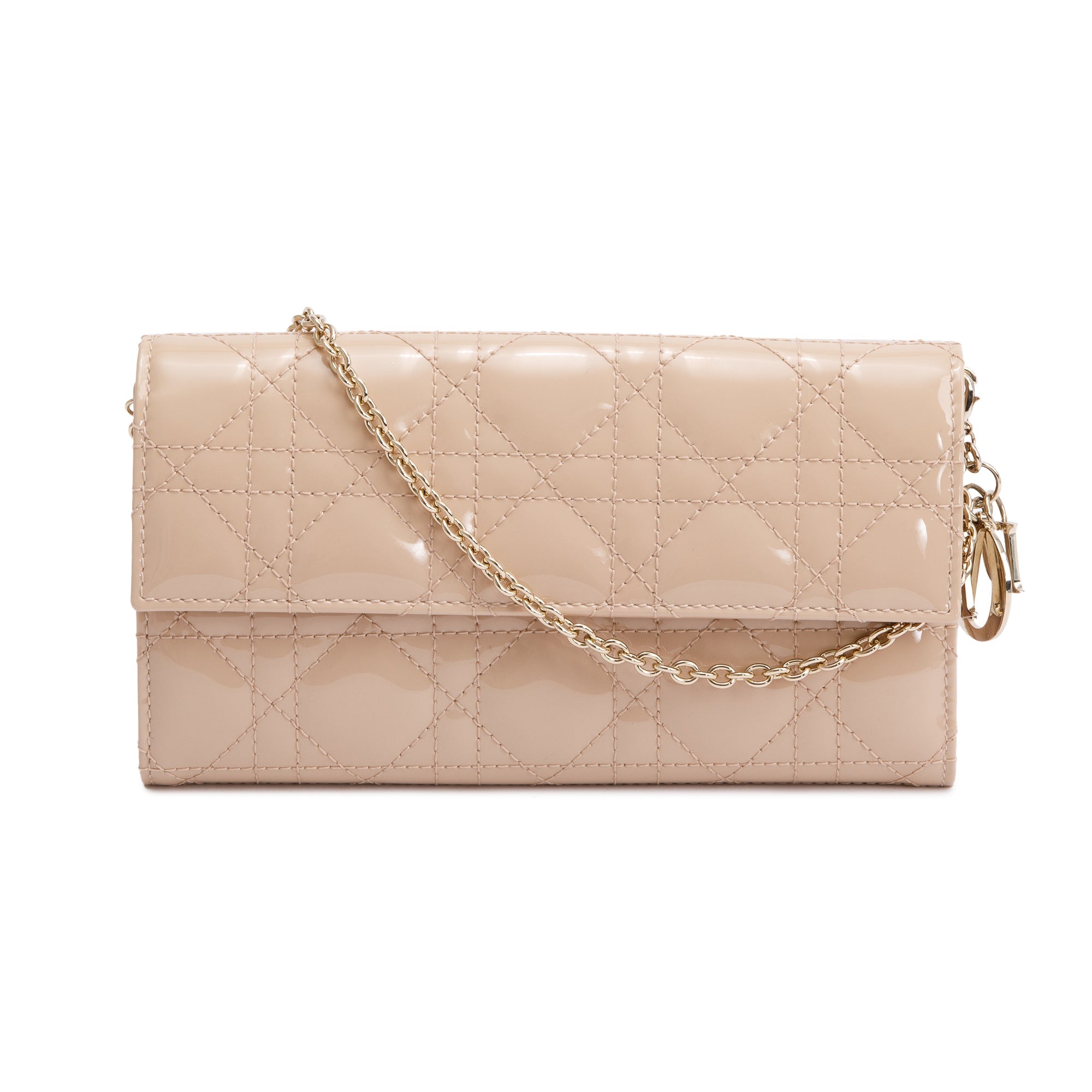 Christian Dior Beige Cannage Patent Leather Rendezvous Wallet on Chain w/ Box