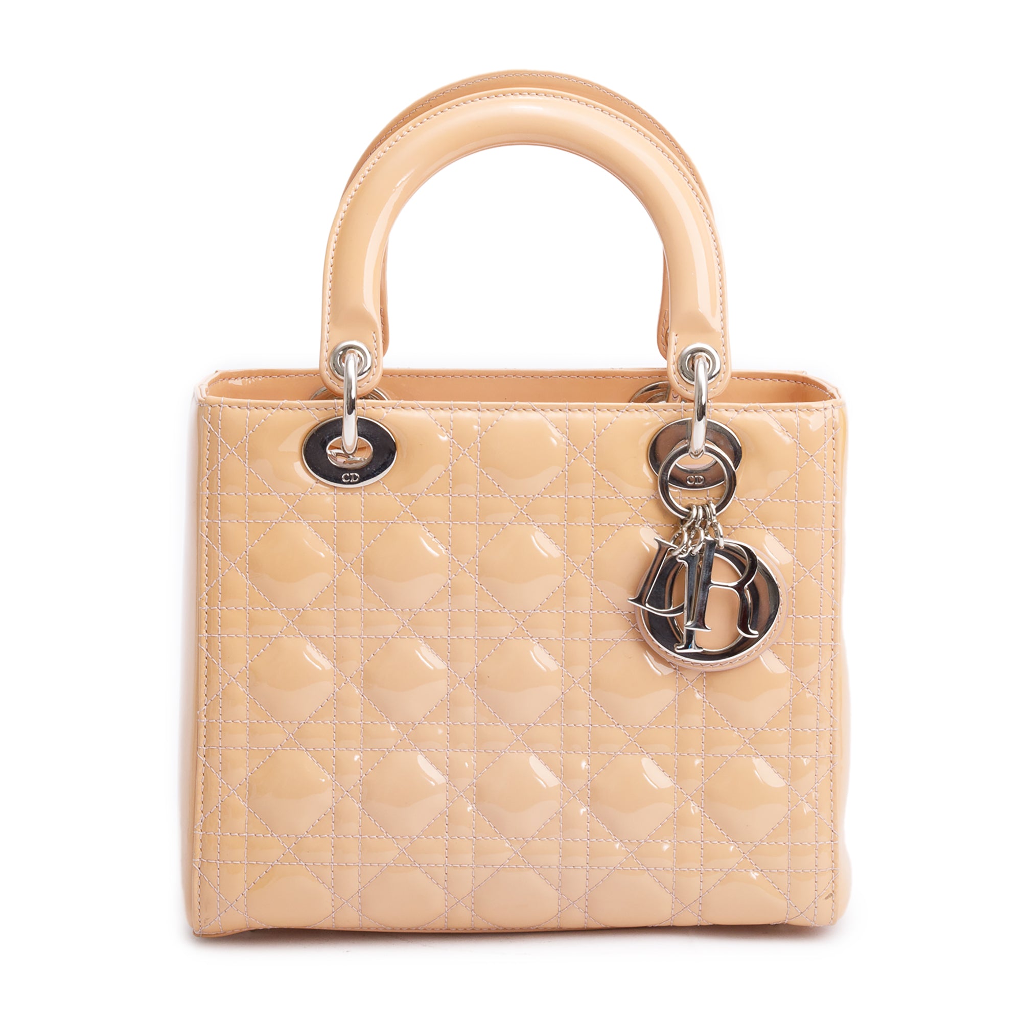 Christian Dior Beige Cannage Patent Leather Small Lady Dior Bag w/ Strap